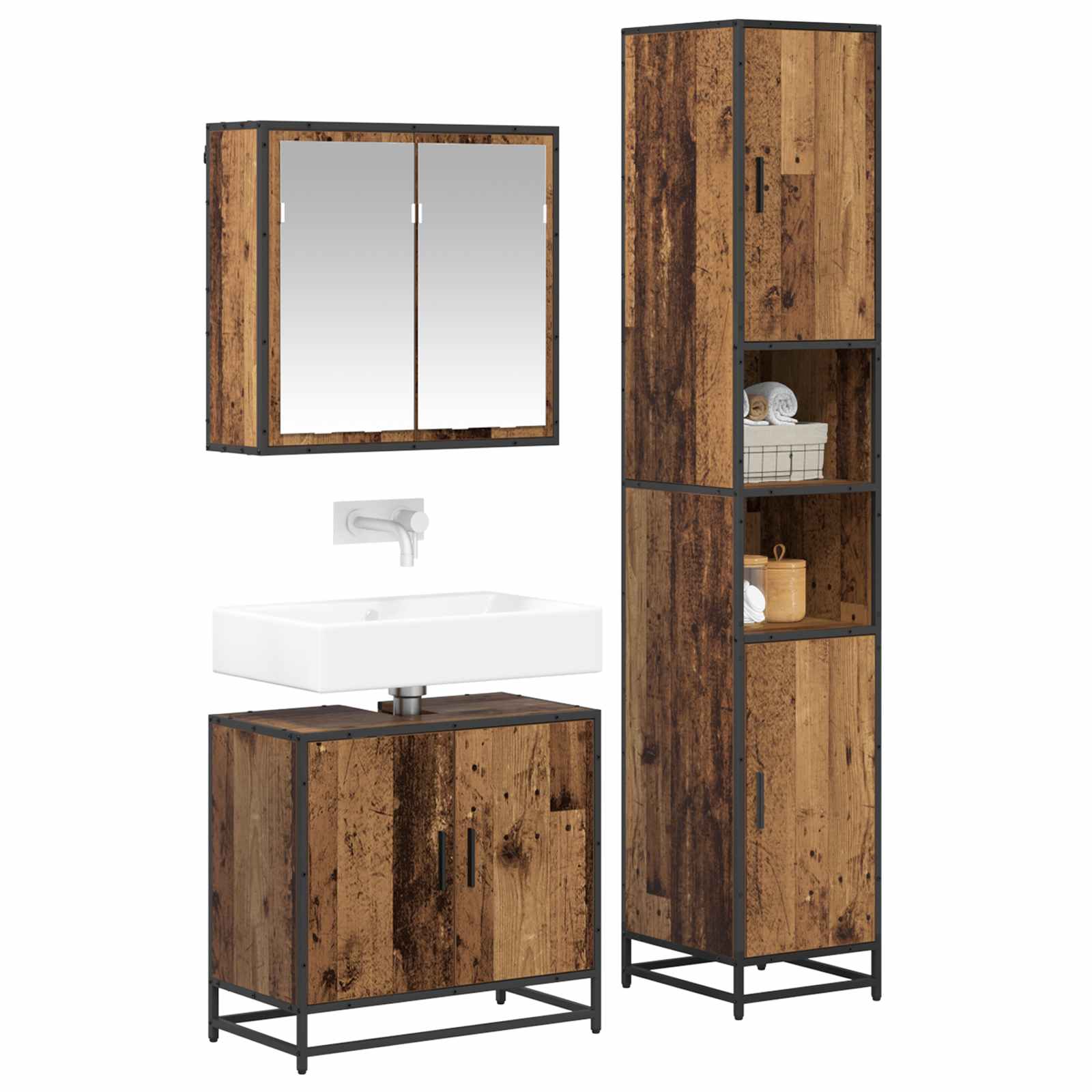Juego de muebles de baño con estante 3 pcs Madera envejecida