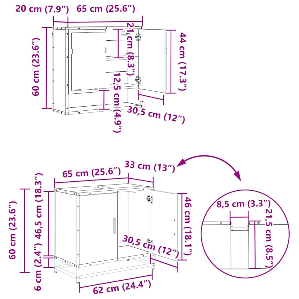 Juego de muebles de baño 3 pcs Roble Negro Madera de ingeniería