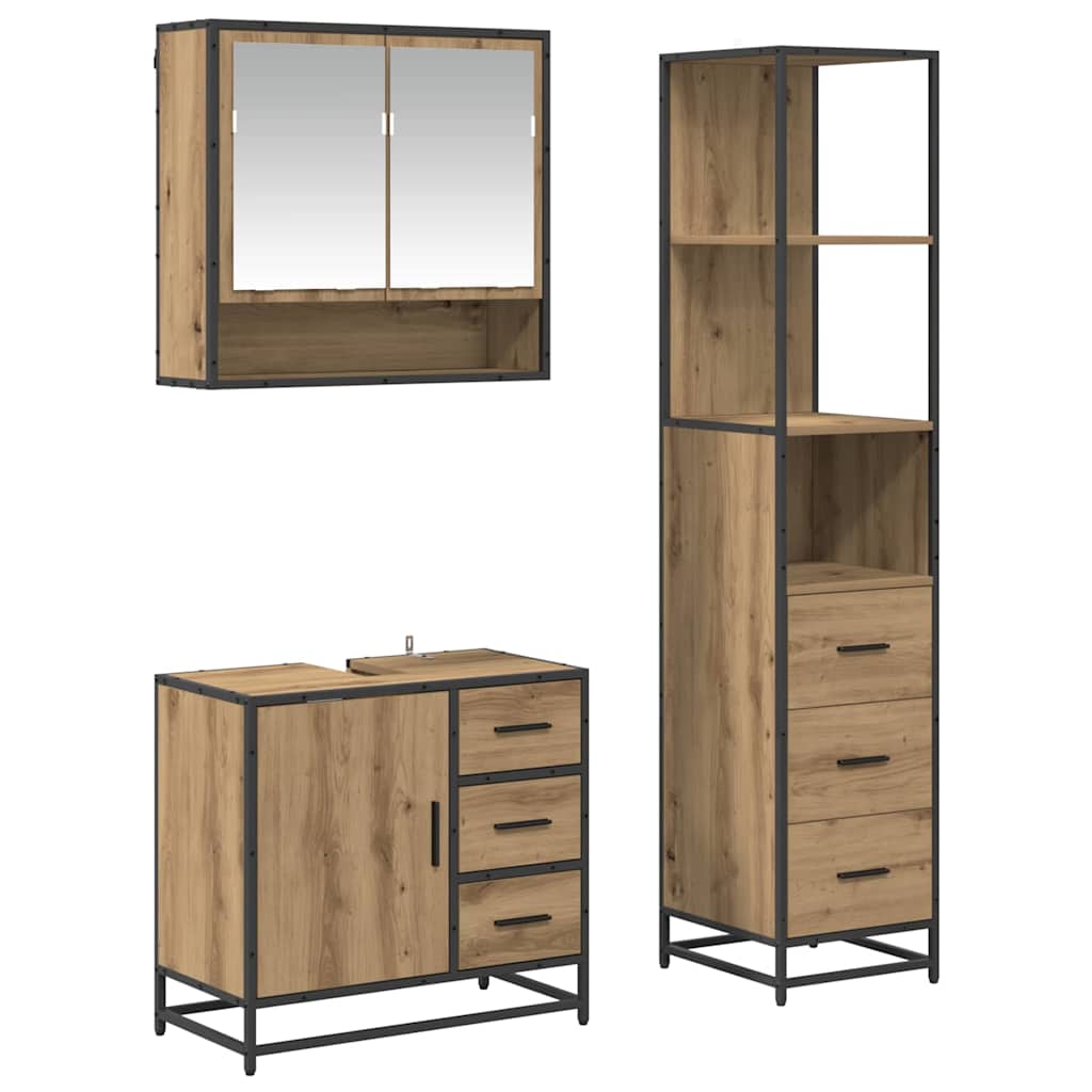 Juego de muebles de baño con cajón 3 pcs Roble artesanal