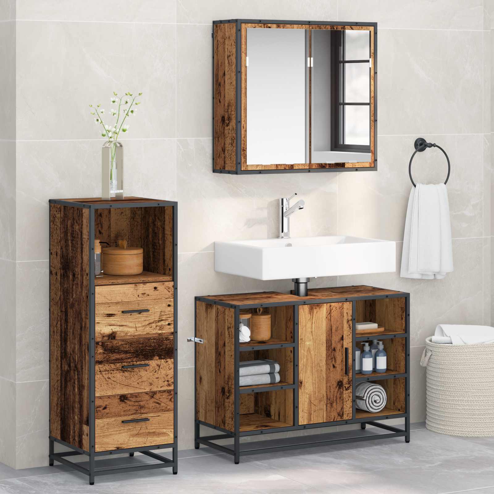 Conjunto de móveis de casa de banho 3 pcs Carvalho Preto Madeira projetada