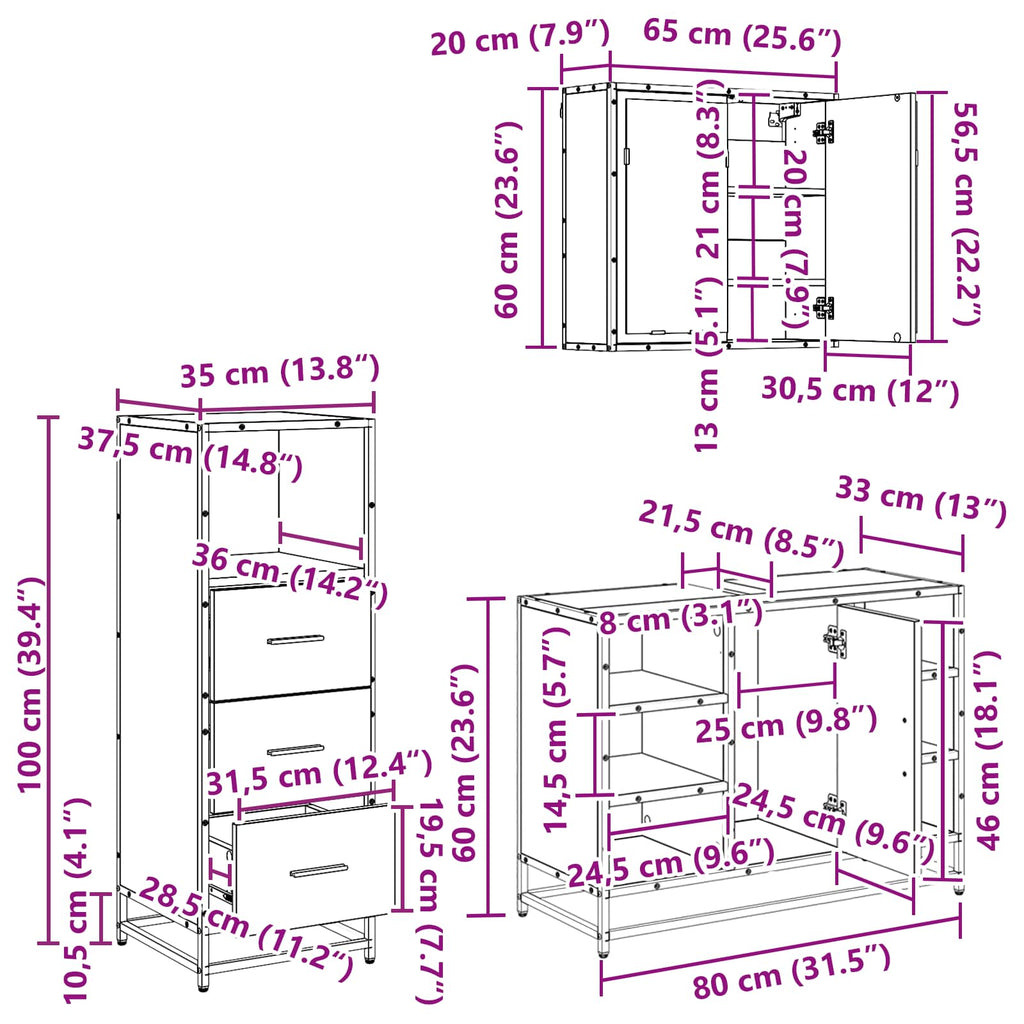 Juego de muebles de baño 3 pcs Roble Negro Madera de ingeniería