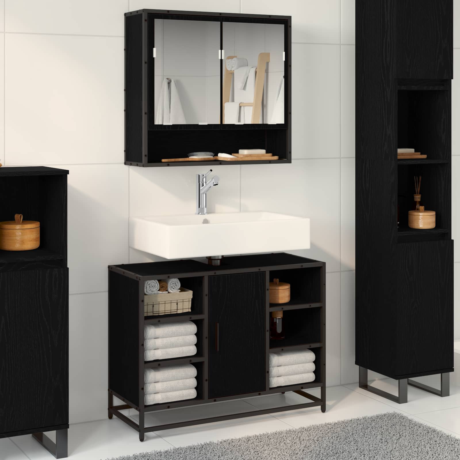 Juego de muebles de baño 2 pcs Roble Negro Madera de ingeniería