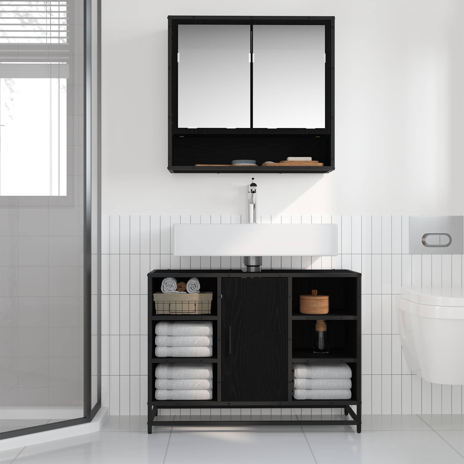 Juego de muebles de baño 2 pcs Roble Negro Madera de ingeniería