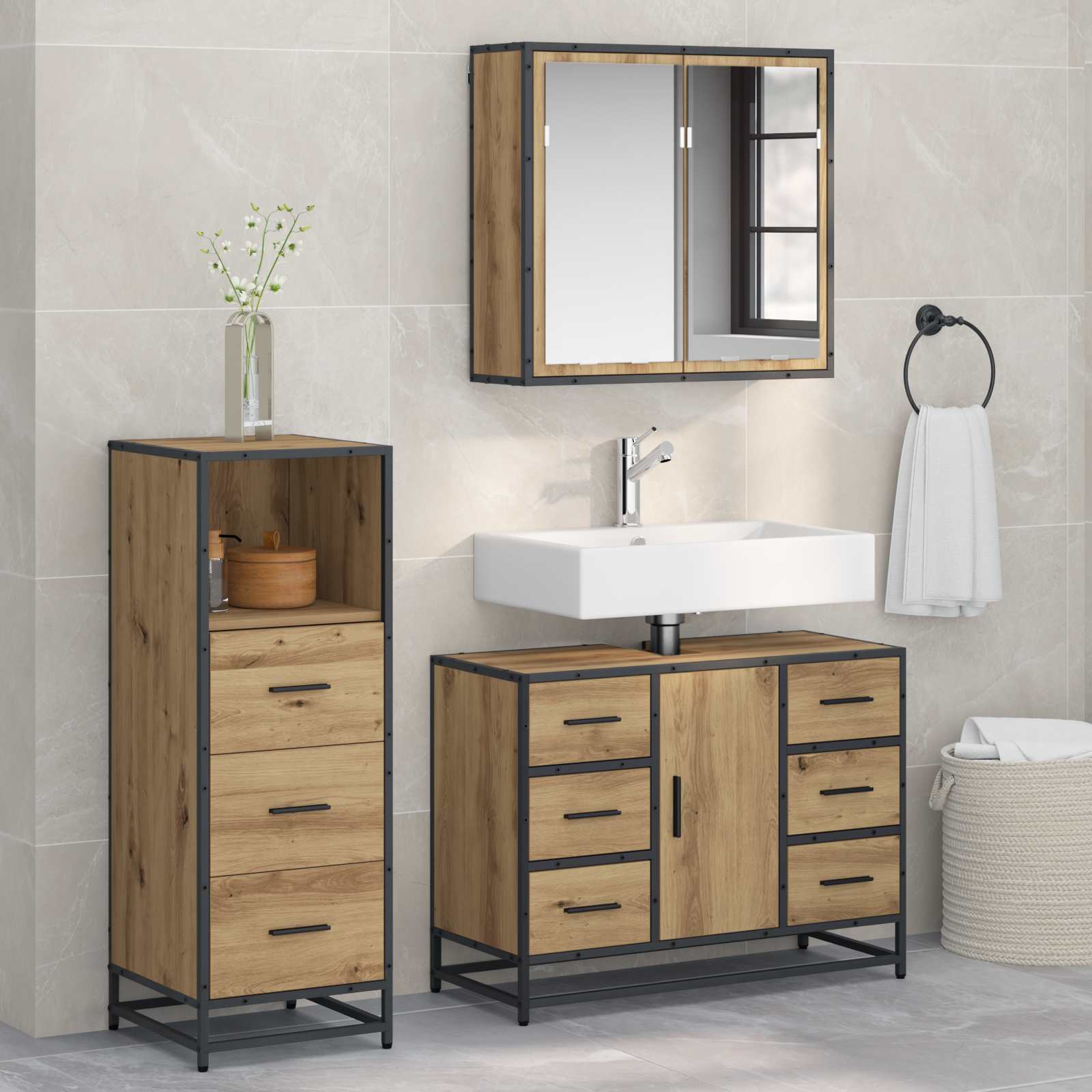 Conjunto de móveis de casa de banho com gaveta 3 pcs Carvalho artesanal