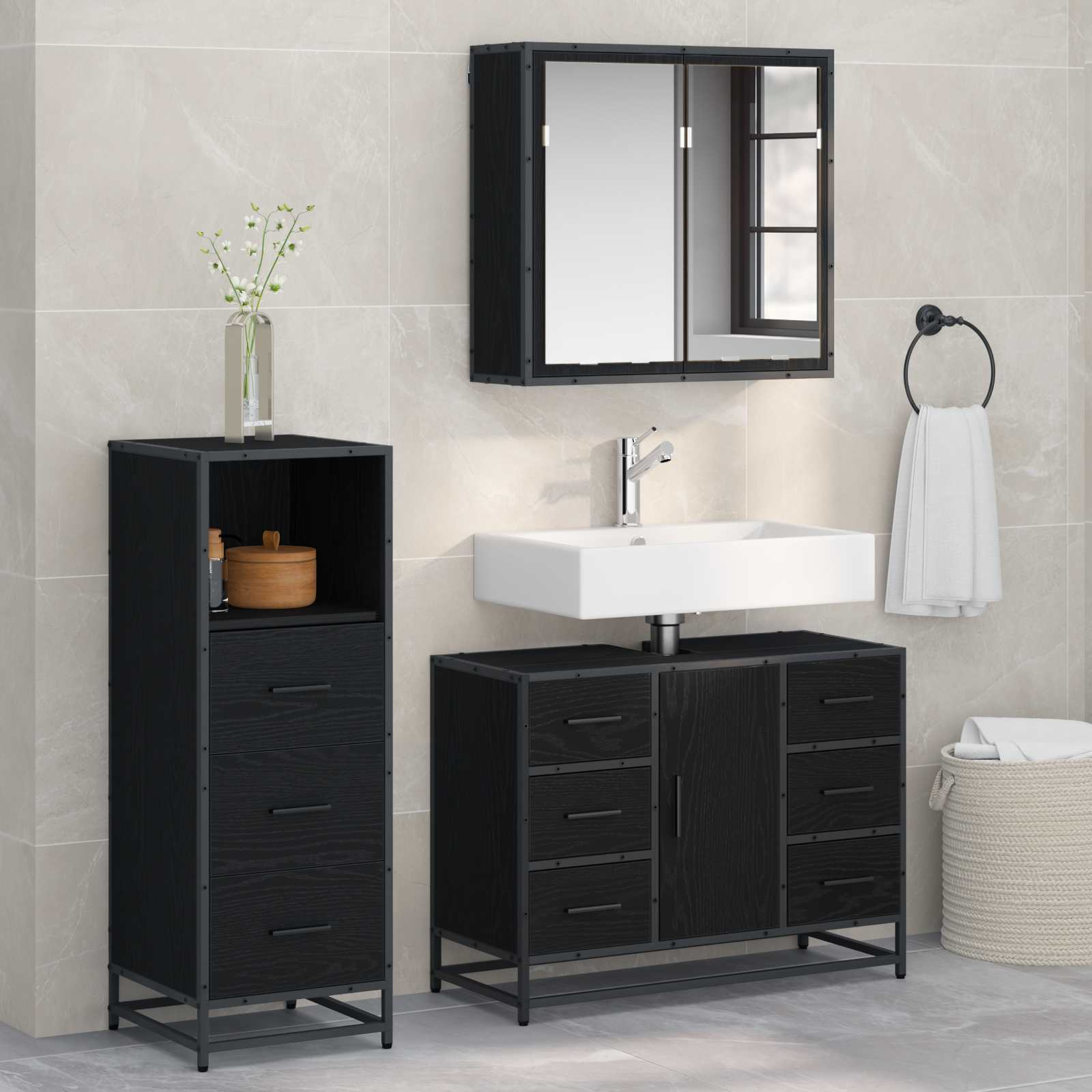 Conjunto de móveis de casa de banho 3 pcs Carvalho Preto Madeira projetada