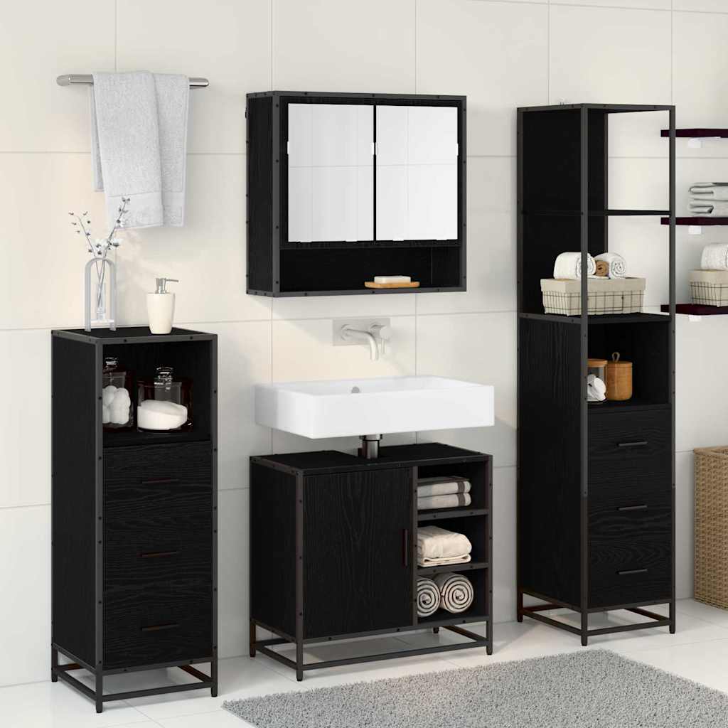 Juego de muebles de baño 4 pcs Roble Negro Madera de ingeniería