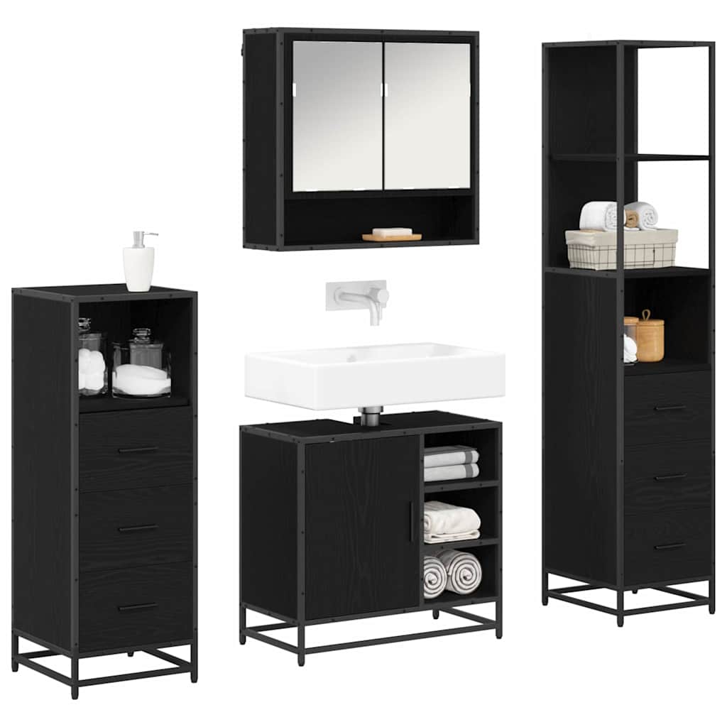 Juego de muebles de baño 4 pcs Roble Negro Madera de ingeniería