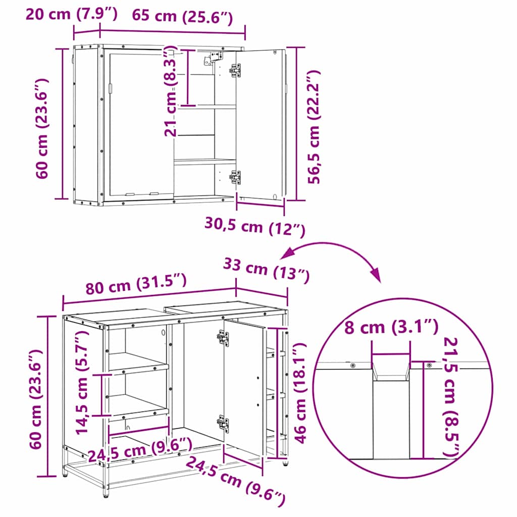 Juego de muebles de baño 3 pcs Roble Negro Madera de ingeniería