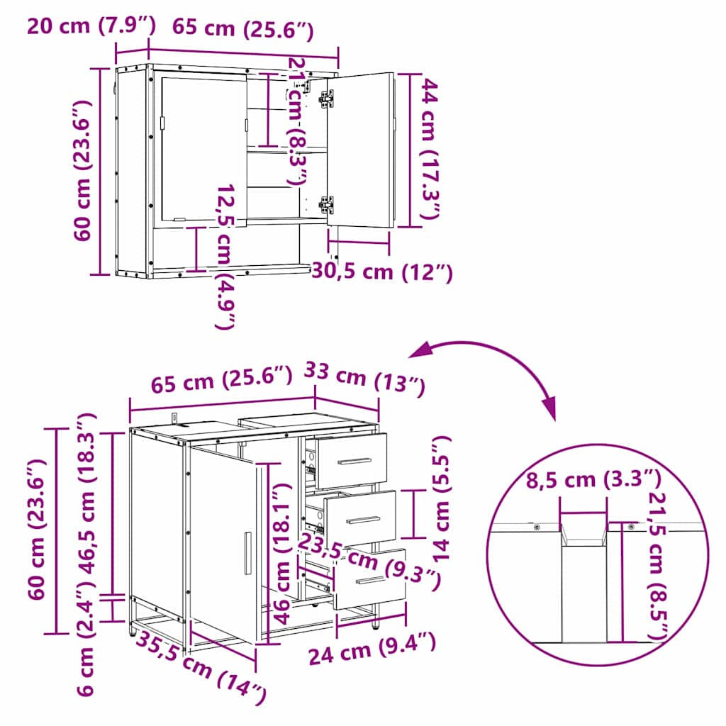 Juego de muebles de baño 3 pcs Roble Negro Madera de ingeniería