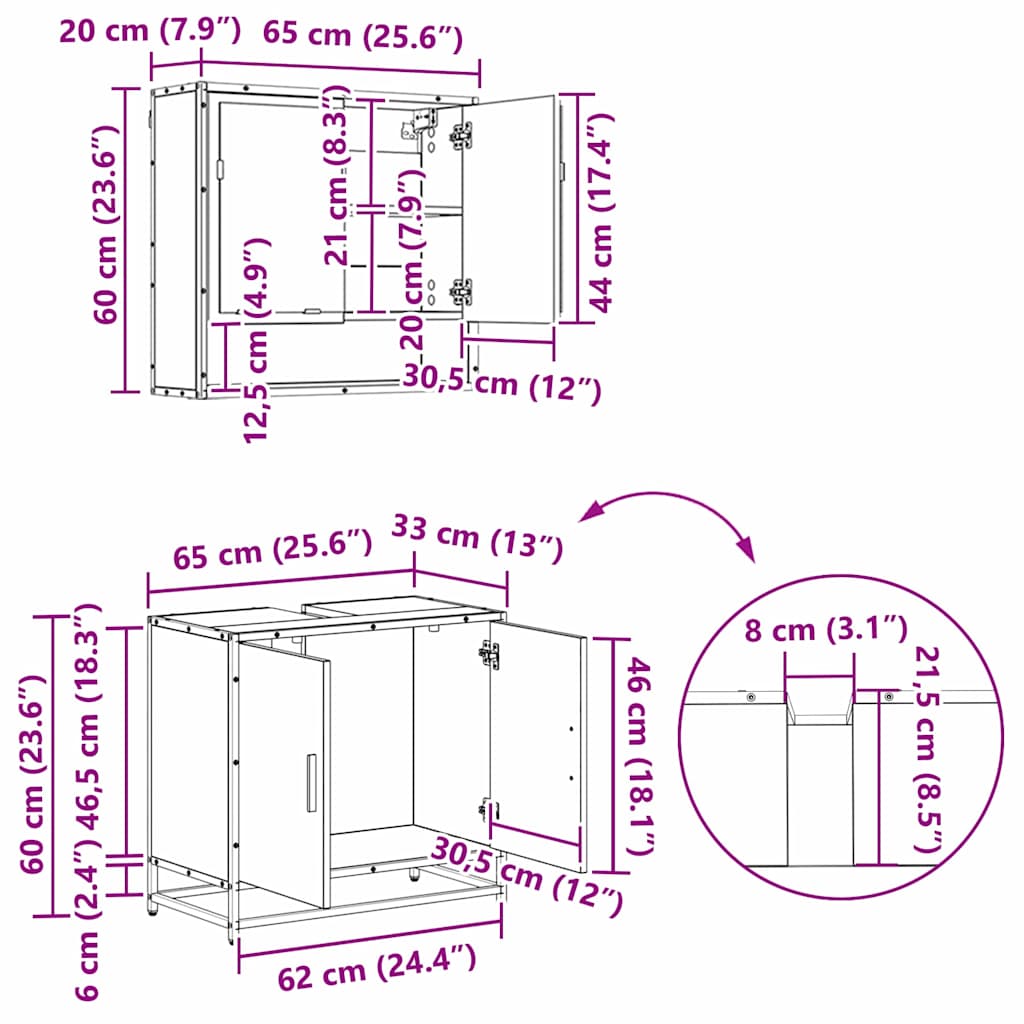Juego de muebles de baño 3 pcs Roble Negro Madera de ingeniería