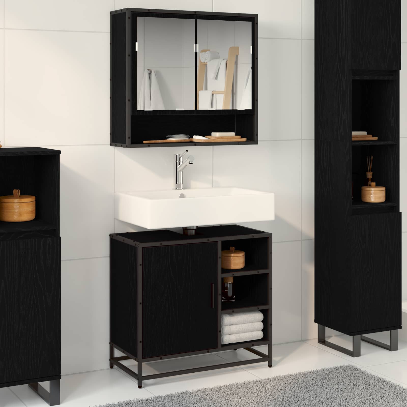 Juego de muebles de baño 2 pcs Roble Negro Madera de ingeniería