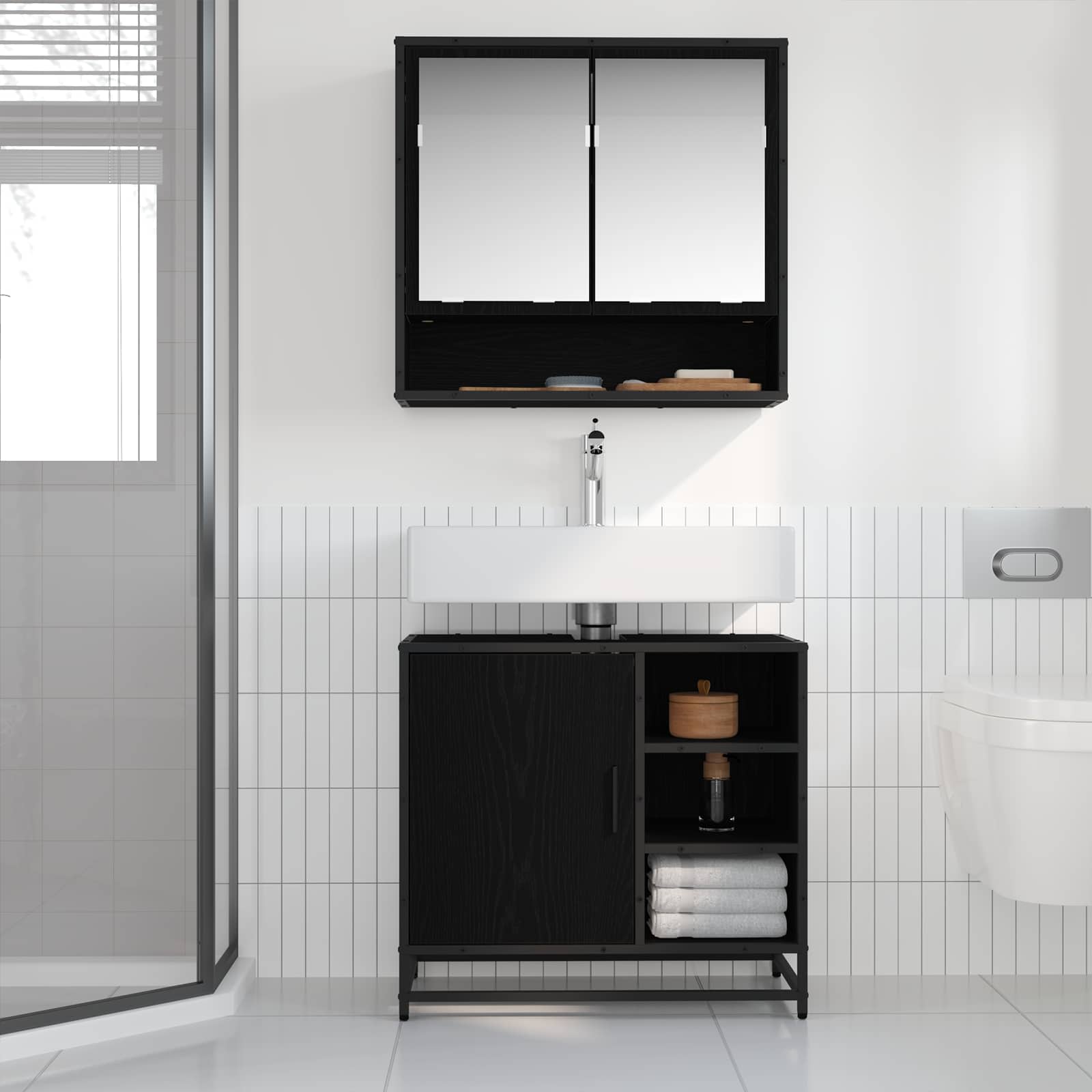 Juego de muebles de baño 2 pcs Roble Negro Madera de ingeniería