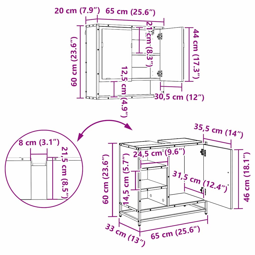 Juego de muebles de baño 2 pcs Roble Negro Madera de ingeniería