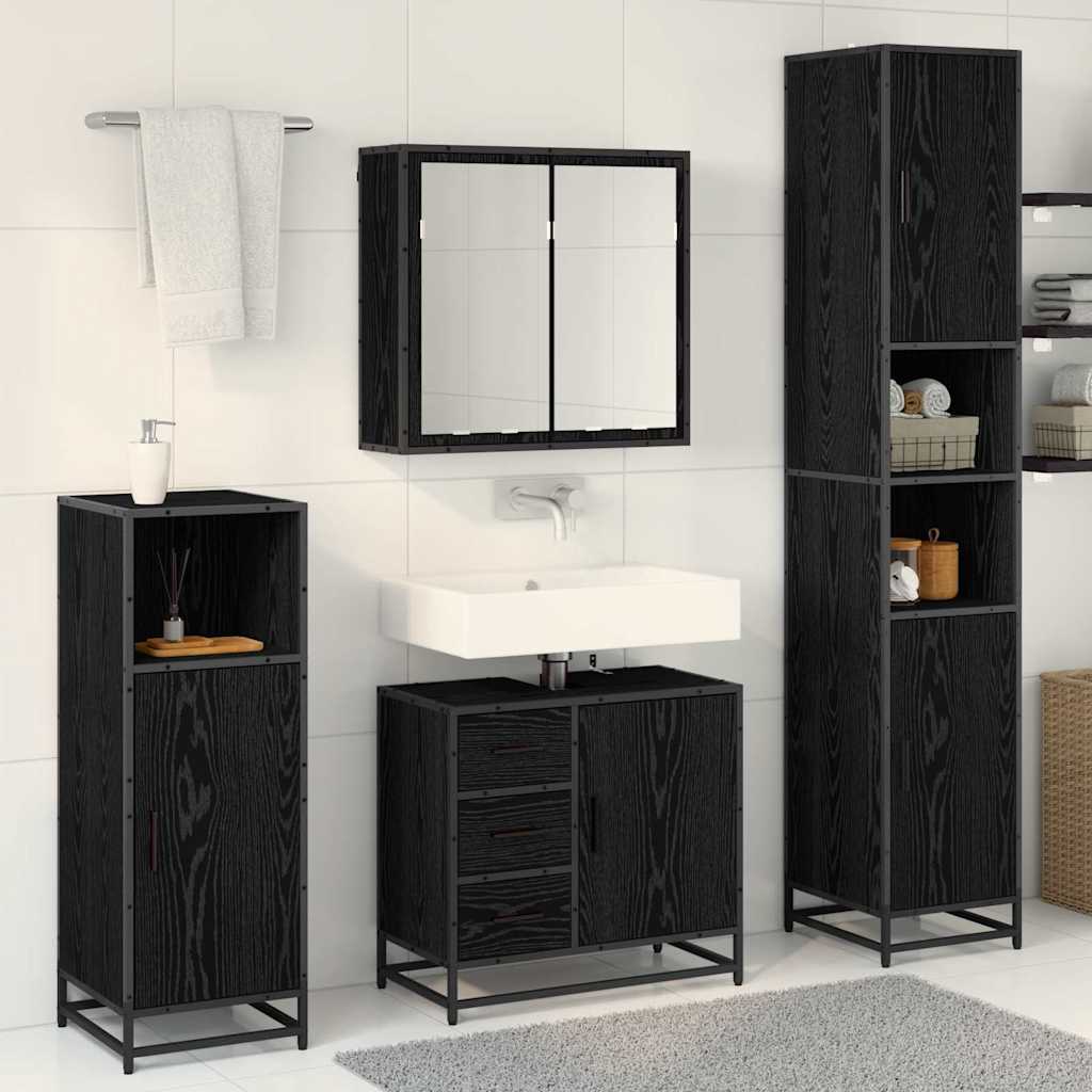 Juego de muebles de baño 4 pcs Roble Negro Madera de ingeniería
