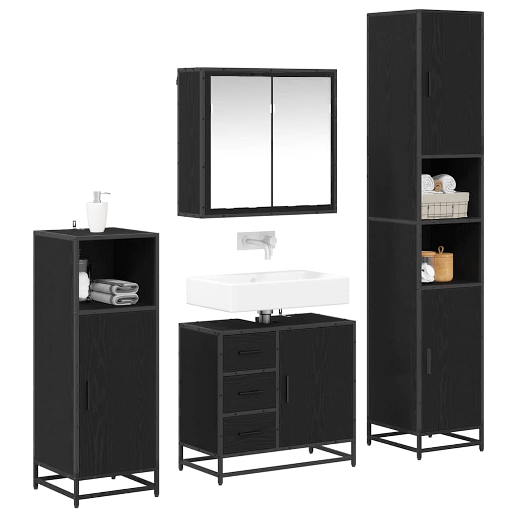 Juego de muebles de baño 4 pcs Roble Negro Madera de ingeniería