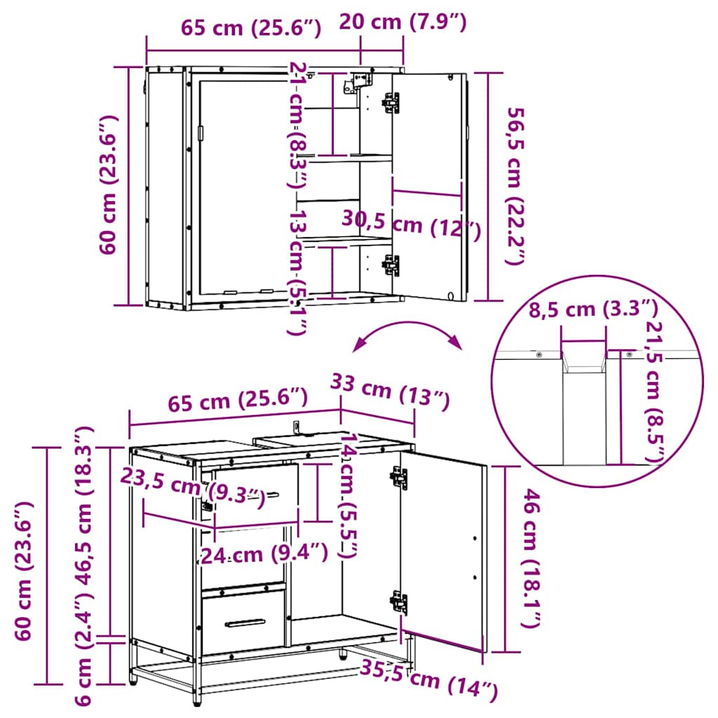 Juego de muebles de baño 4 pcs Roble Negro Madera de ingeniería