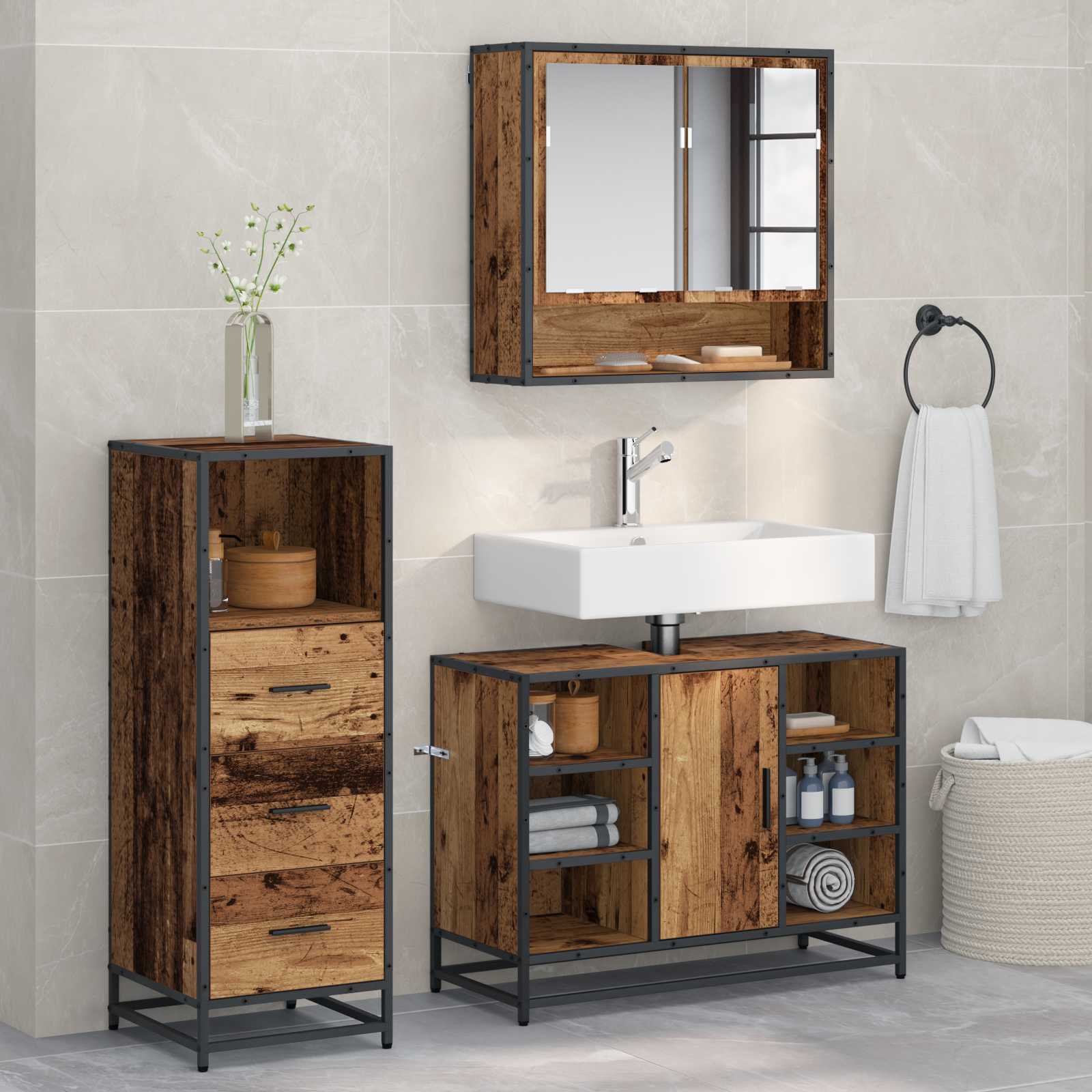 Juego de muebles de baño con cajón 3 pcs Madera envejecida