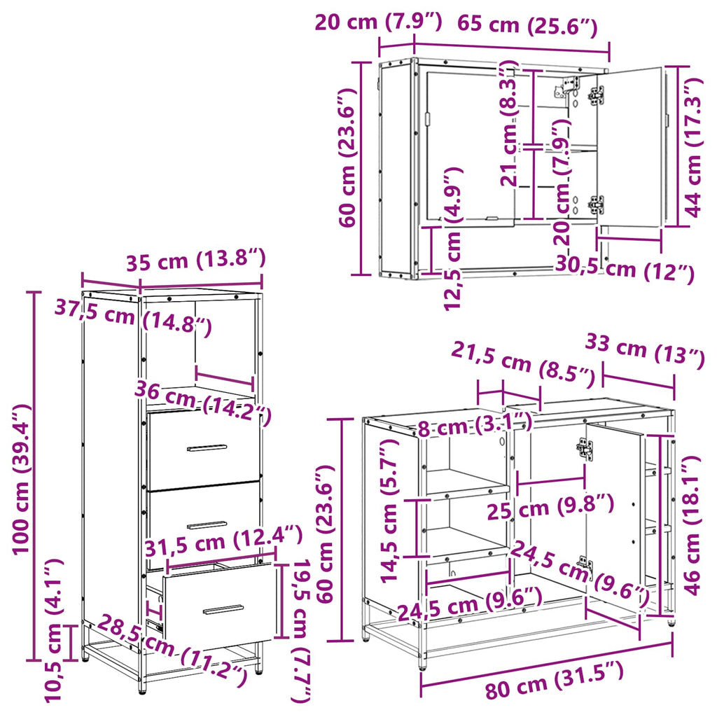 Juego de muebles de baño con cajón 3 pcs Madera envejecida