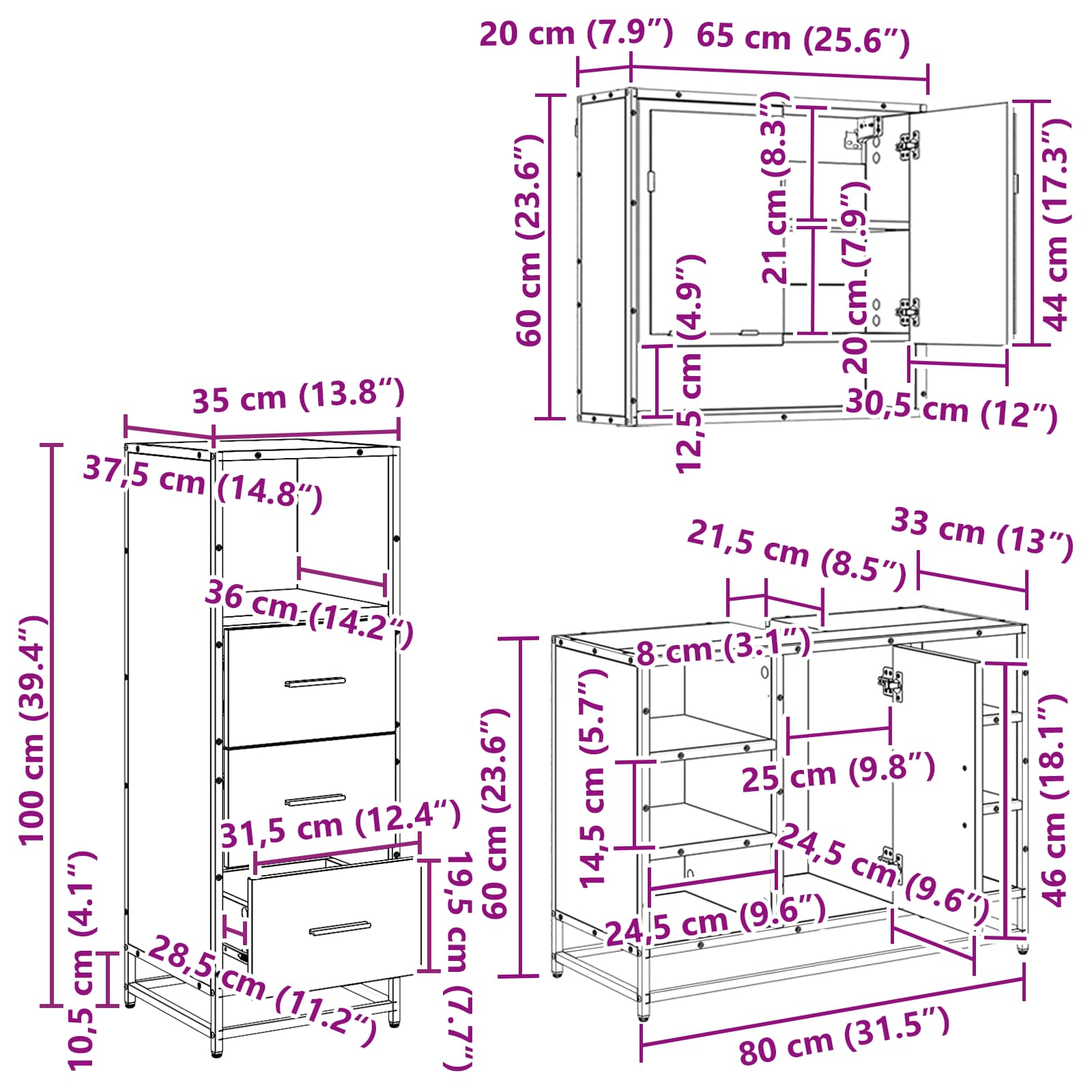 Juego de muebles de baño con cajón 3 pcs Madera envejecida