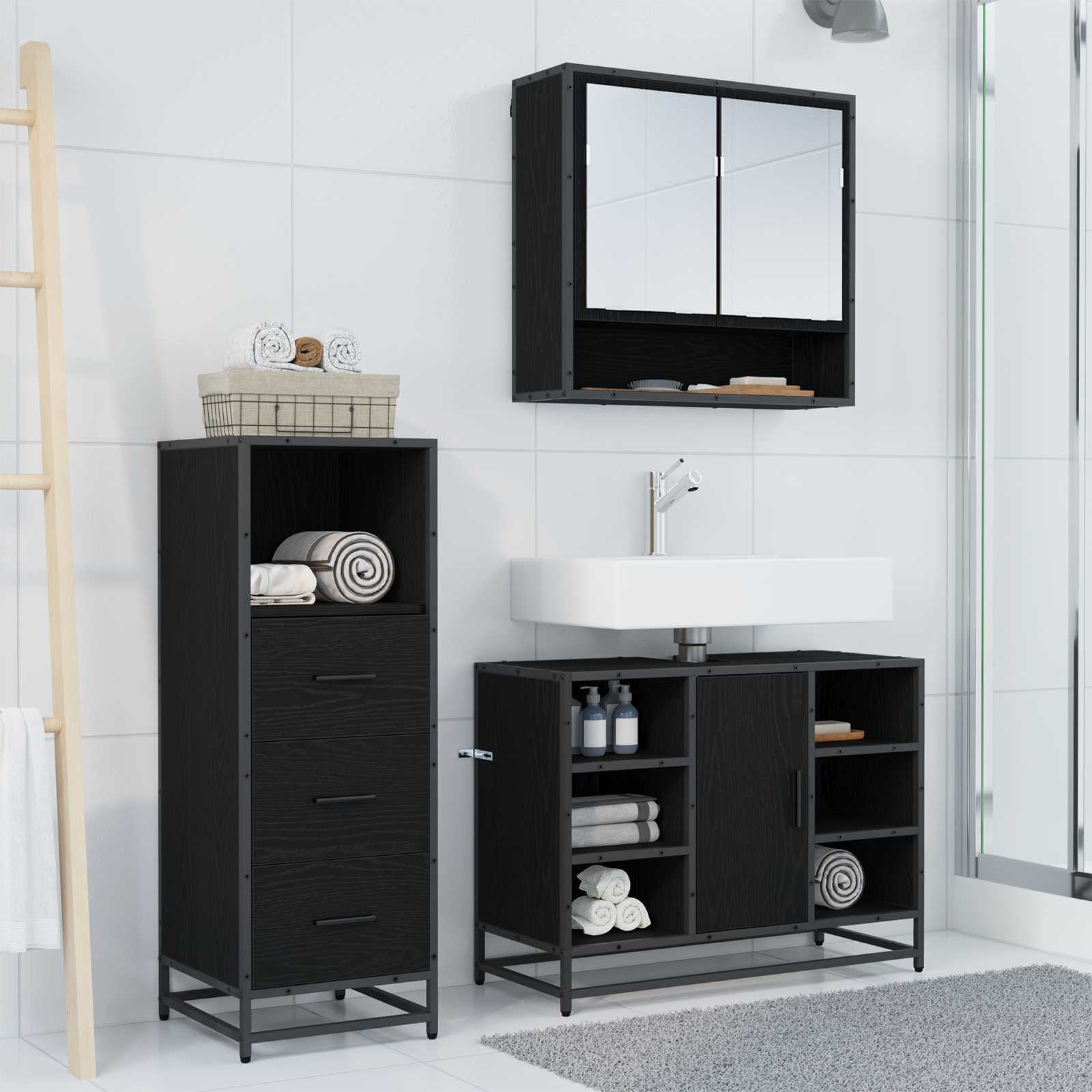 Juego de muebles de baño 3 pcs Roble Negro Madera de ingeniería