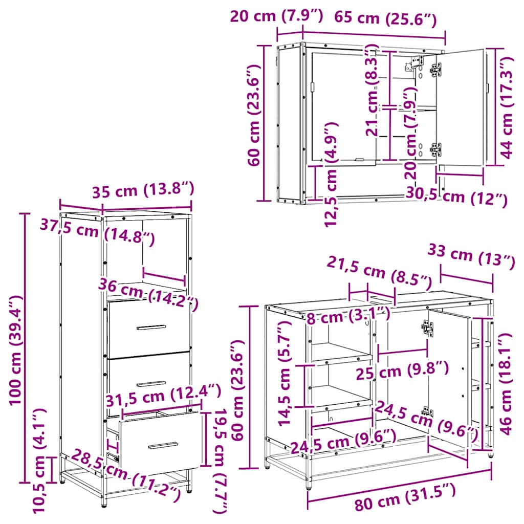 Juego de muebles de baño 3 pcs Roble Negro Madera de ingeniería