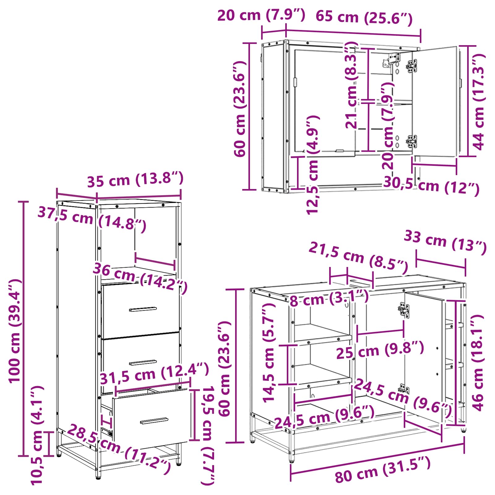 Juego de muebles de baño 3 pcs Roble Negro Madera de ingeniería