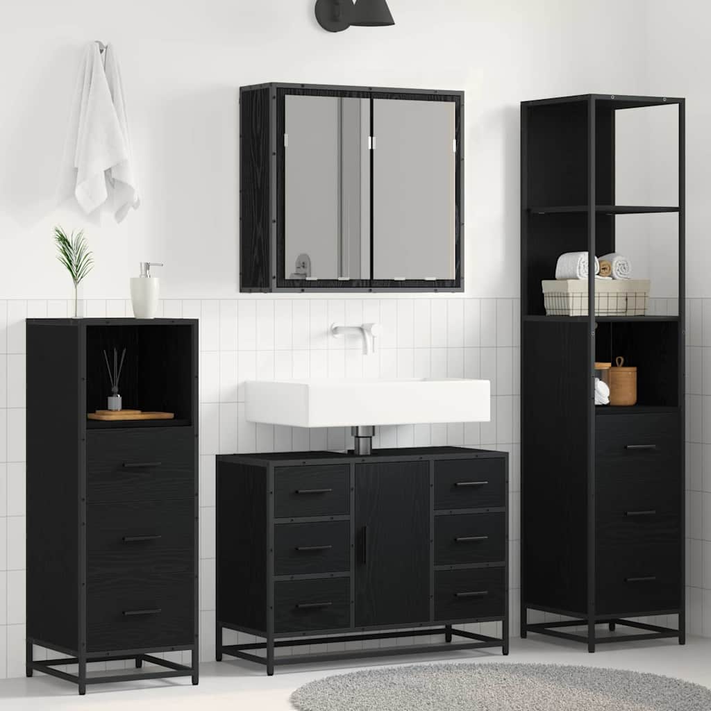 Juego de muebles de baño 4 pcs Roble Negro Madera de ingeniería