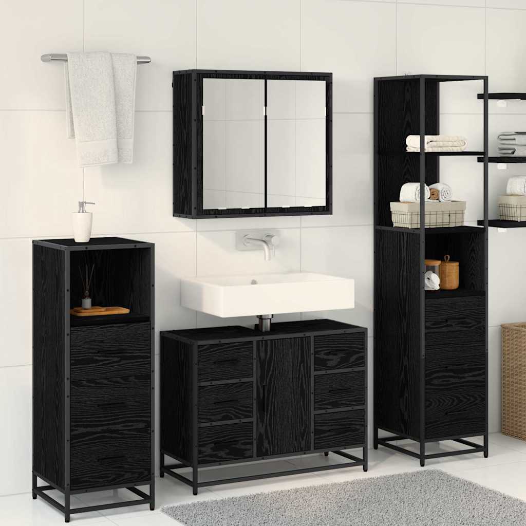 Juego de muebles de baño 4 pcs Roble Negro Madera de ingeniería