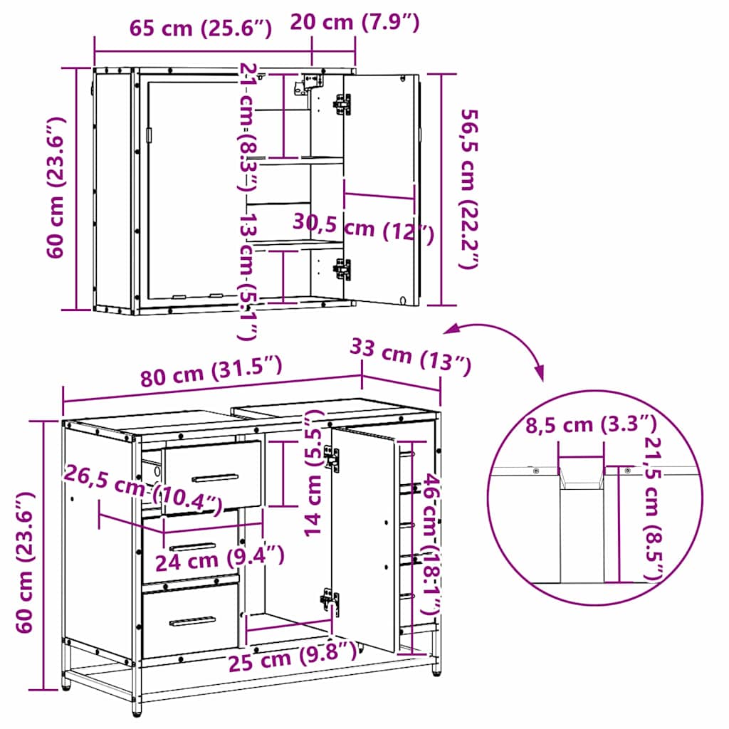 Juego de muebles de baño 4 pcs Roble Negro Madera de ingeniería