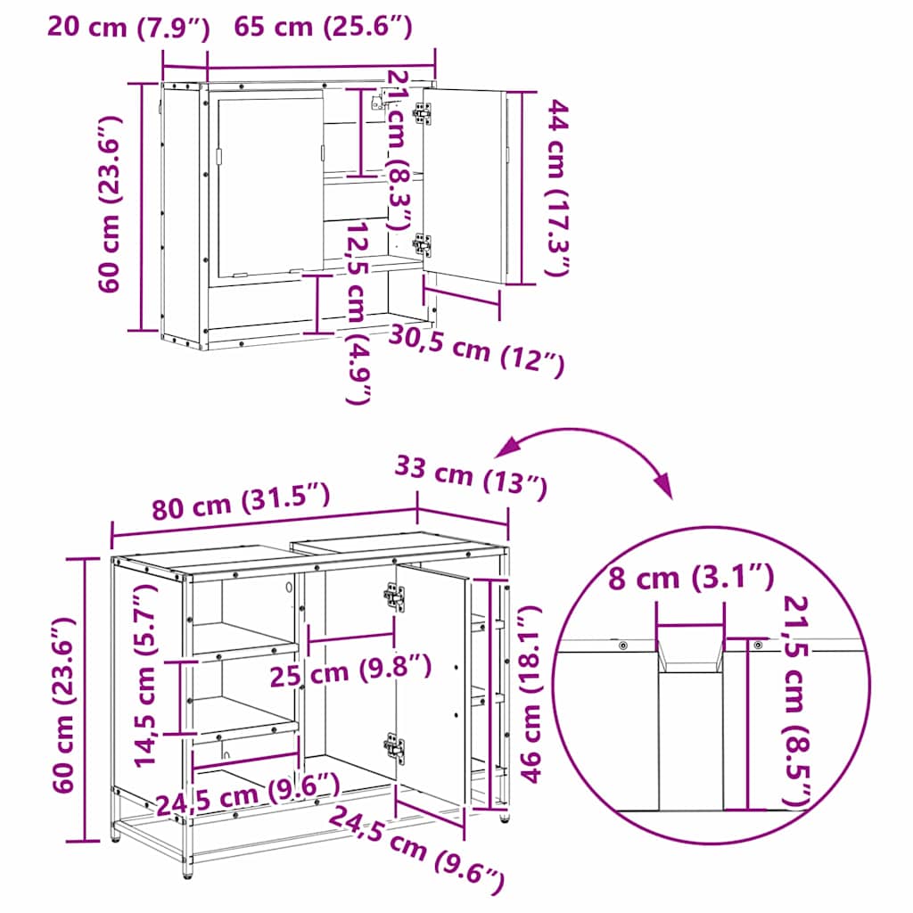 Juego de muebles de baño con cajón 3 pcs Madera envejecida