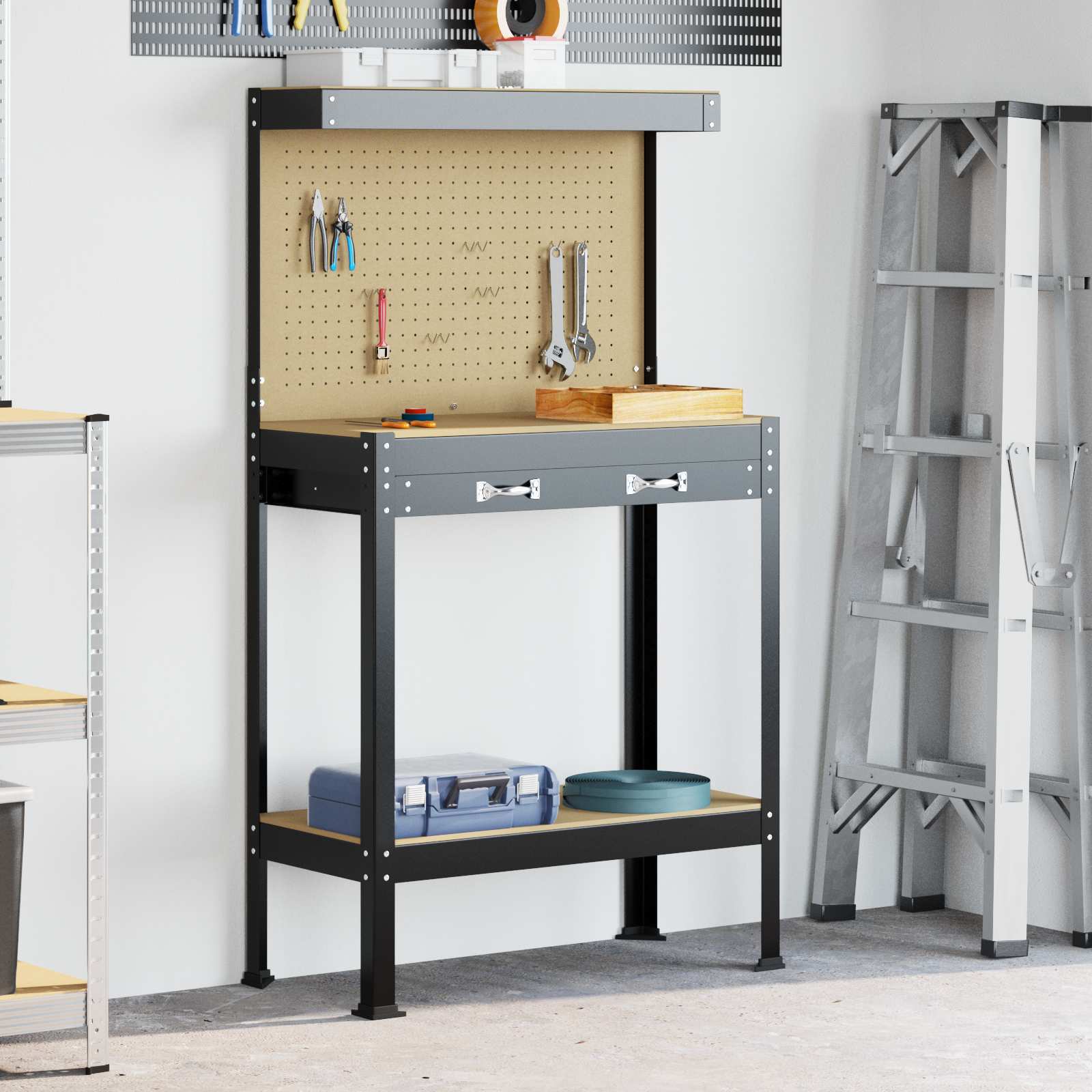 Banco de trabajo con cajón con estante Negro 114 x 54 x 91 cm