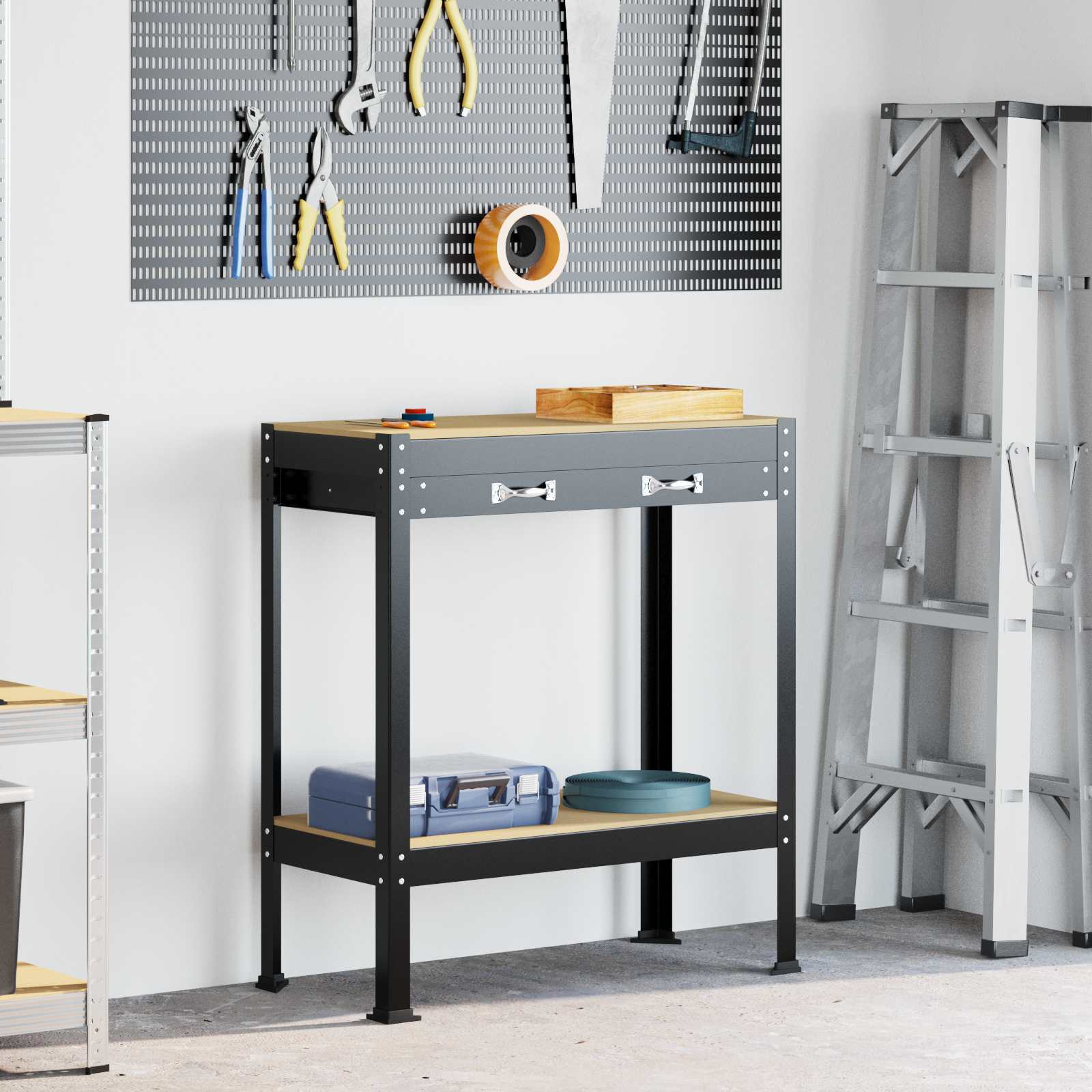 Banco de trabajo con cajón con estante Negro 114 x 54 x 91 cm
