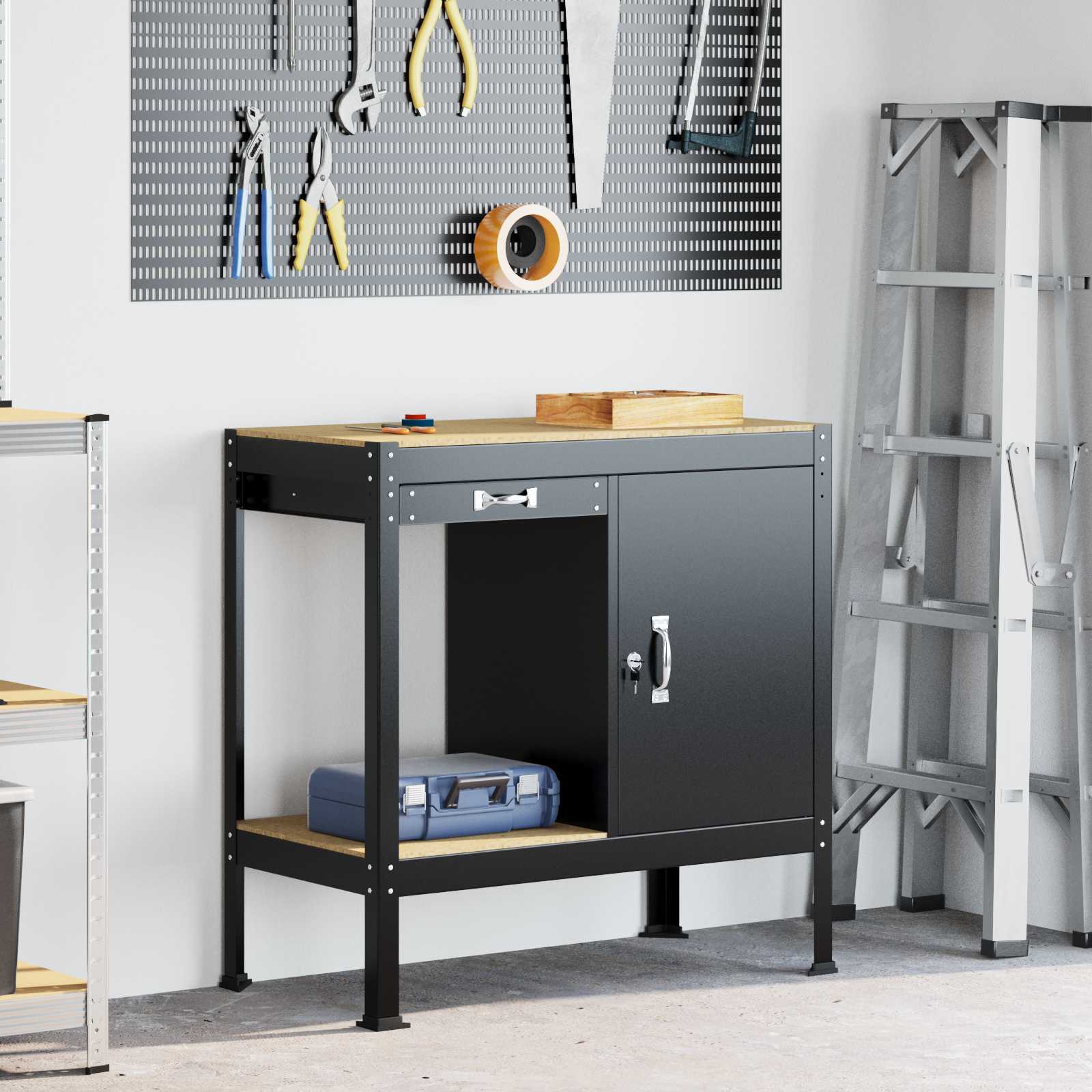 Banco de trabajo con cajón con estante Negro 114 x 54 x 91 cm