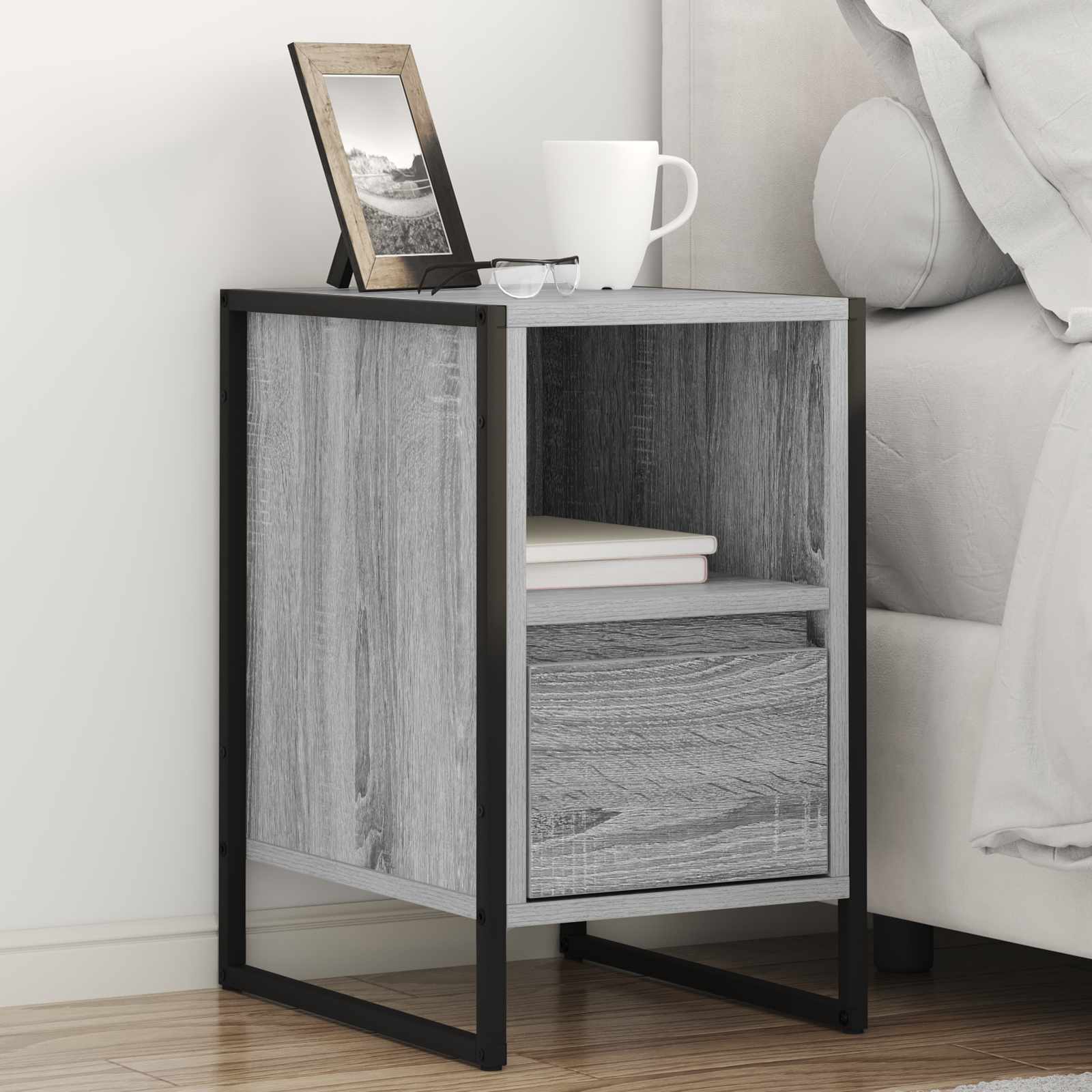 Mesa de Noche con cajón 2 pcs Gris Sonoma 39,5 x 30 x 50 cm