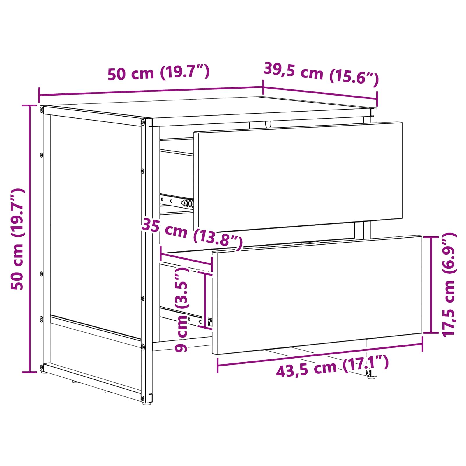 Mesa de Noche con cajón 2 pcs Gris Sonoma 50 x 39.5 x 50 cm