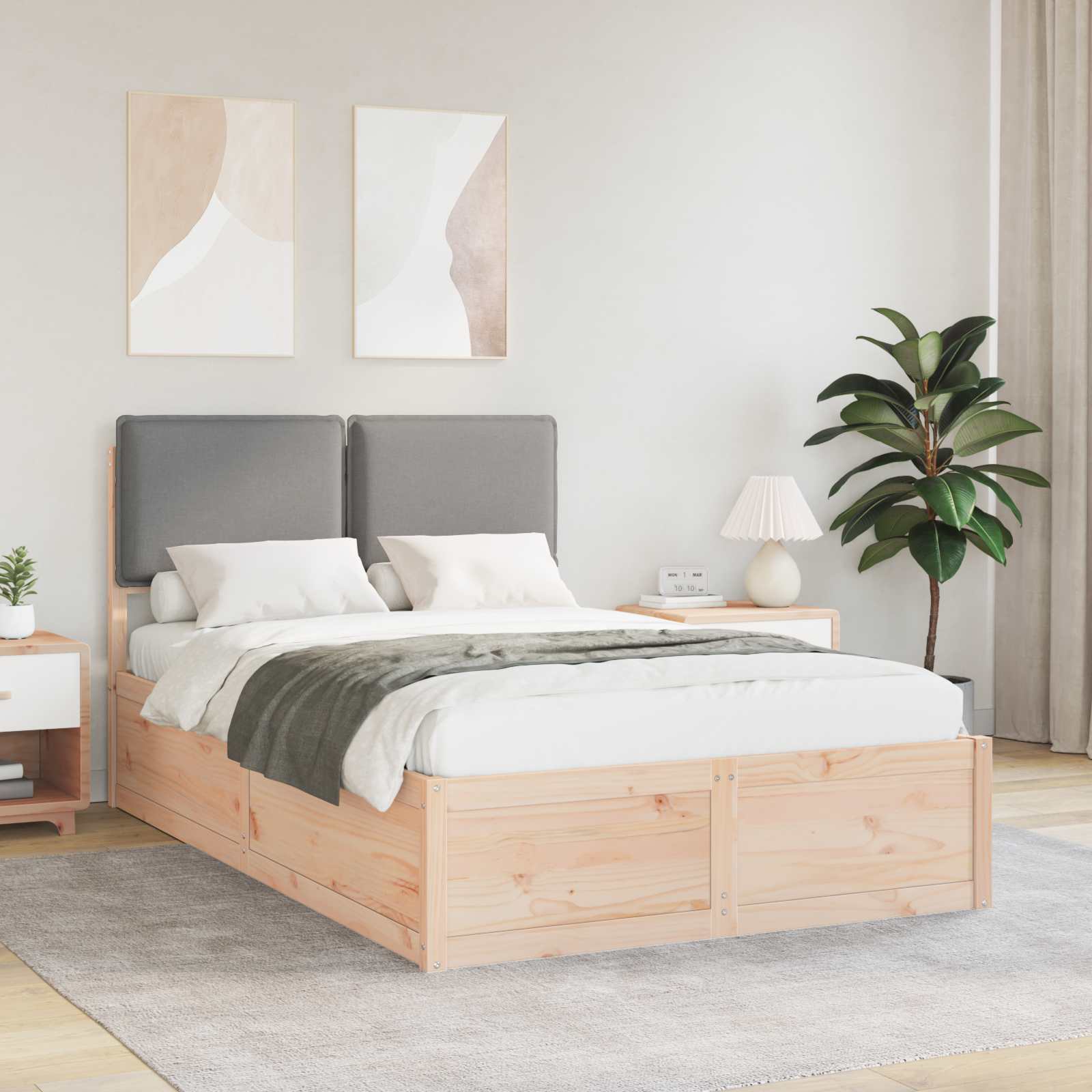 Estrutura de Cama com Cabeceira Estofada Cinzento Claro