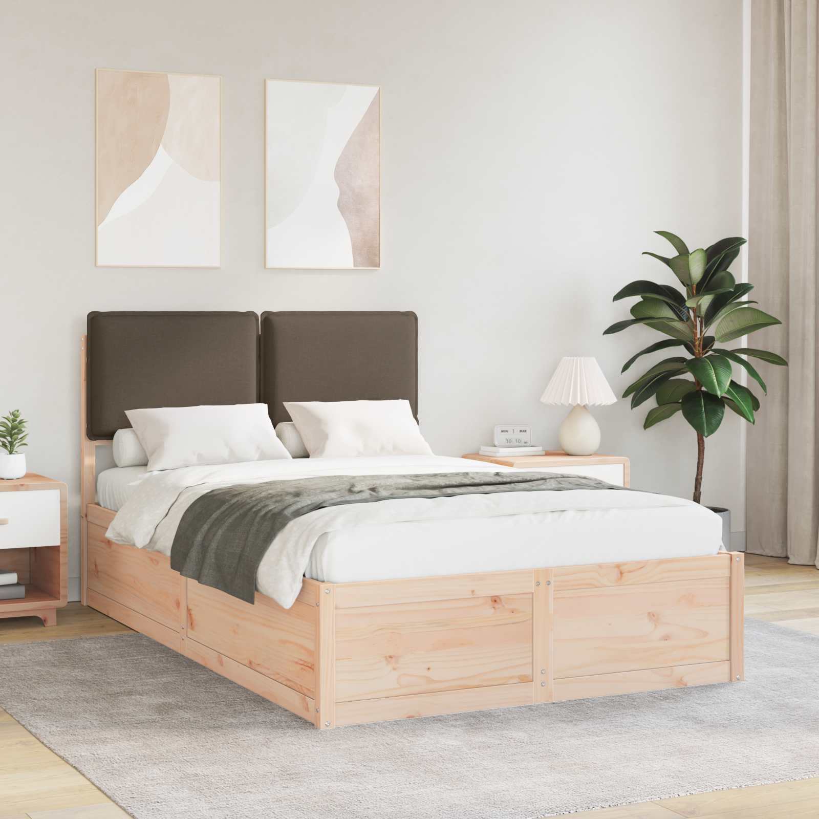 Estrutura de Cama com Cabeceira Estofada Cinzento Claro