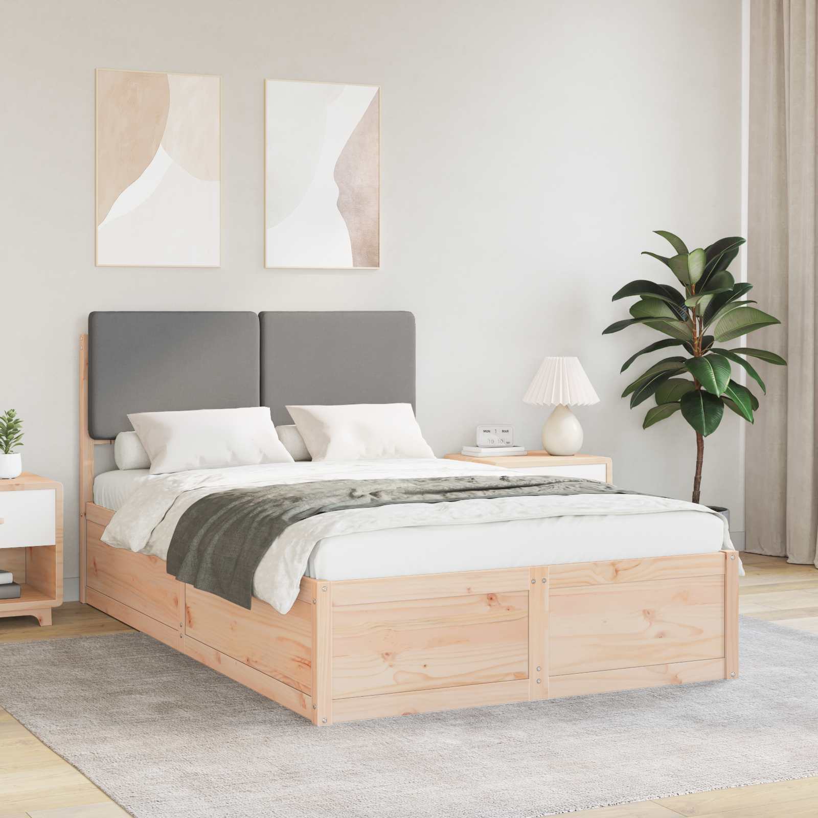 Estrutura de Cama com Cabeceira Estofada Cinzento Claro
