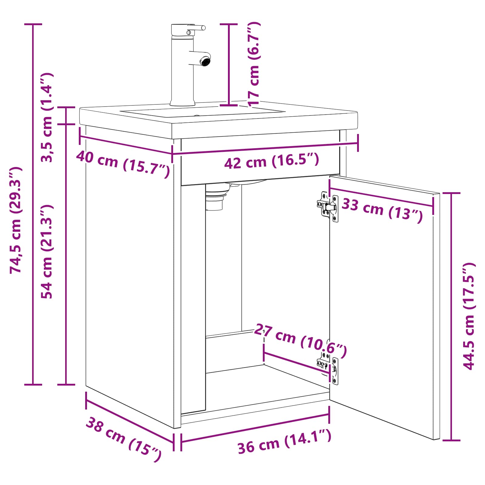 Unidad de tocador de baño con grifo 42 x 40 x 74,5 cm