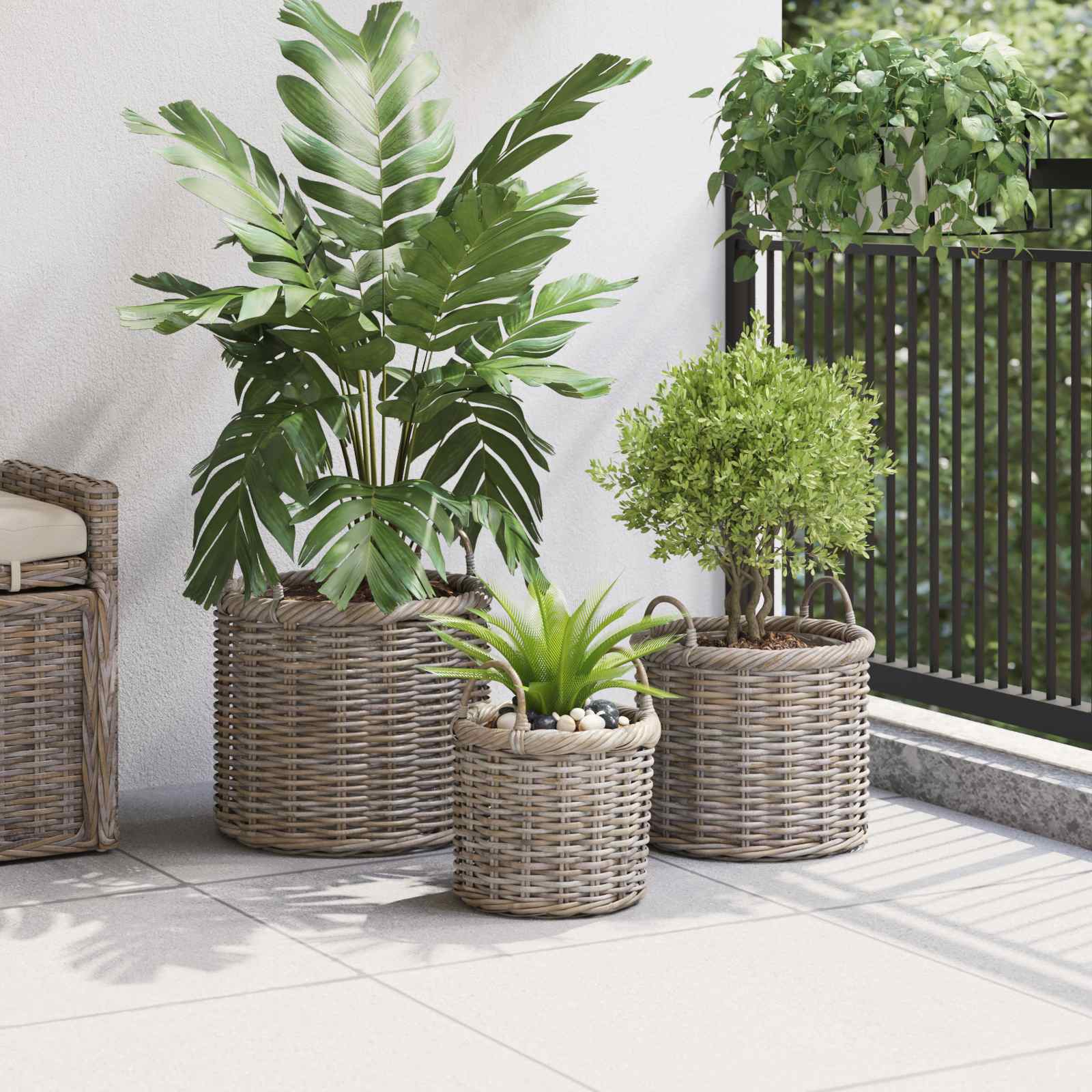 Cesta para Plantas 3 pcs Gris Kubu Ratán Kubu