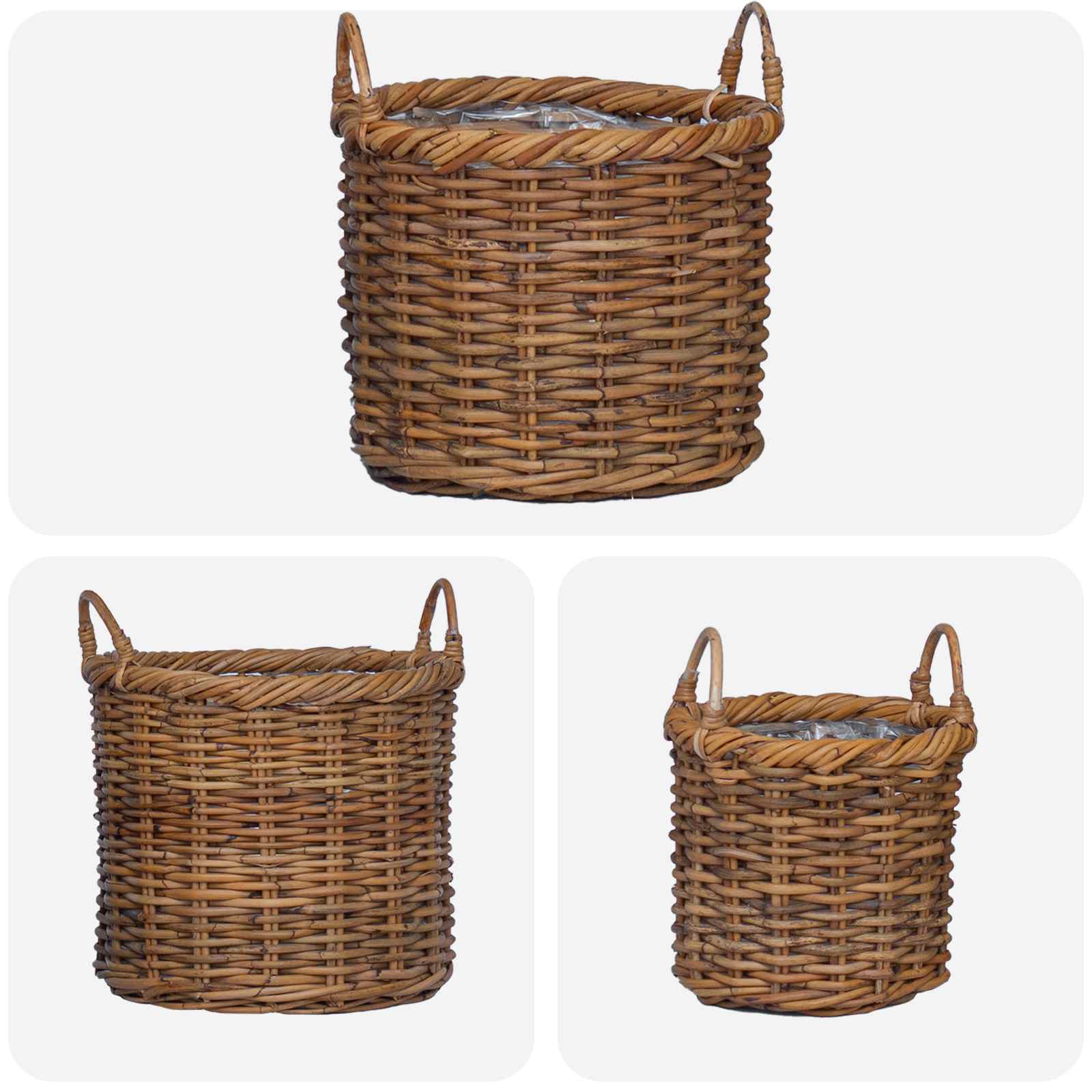 Cesta para Plantas con almacenamiento 3 pcs Marrón Ratán Kubu