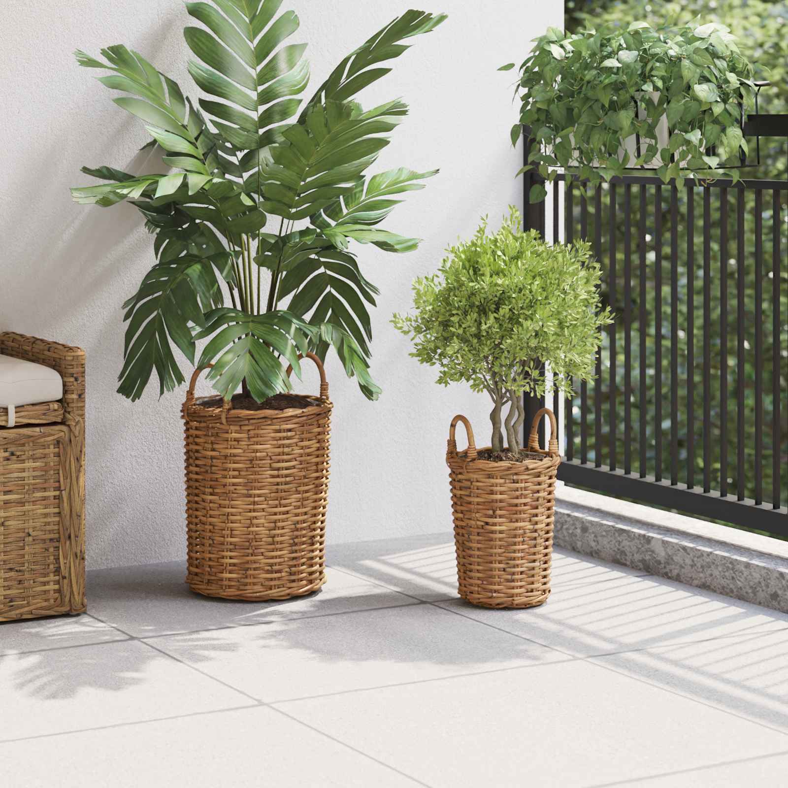 Cesta de Plantas con almacenamiento 2 pcs Gris Ratán Kubu