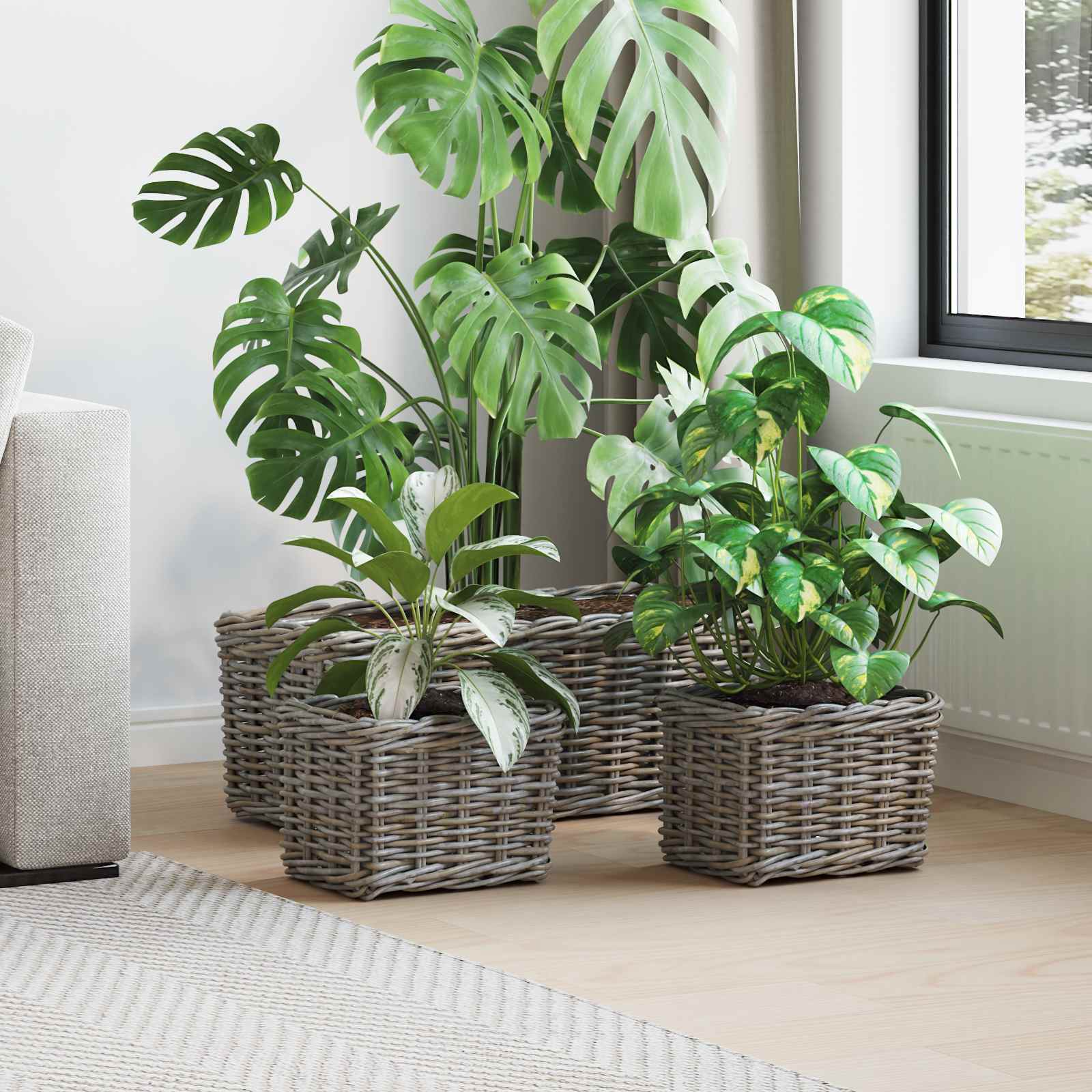 Cesta para Plantas con almacenamiento 3 pcs Marrón Ratán Kubu