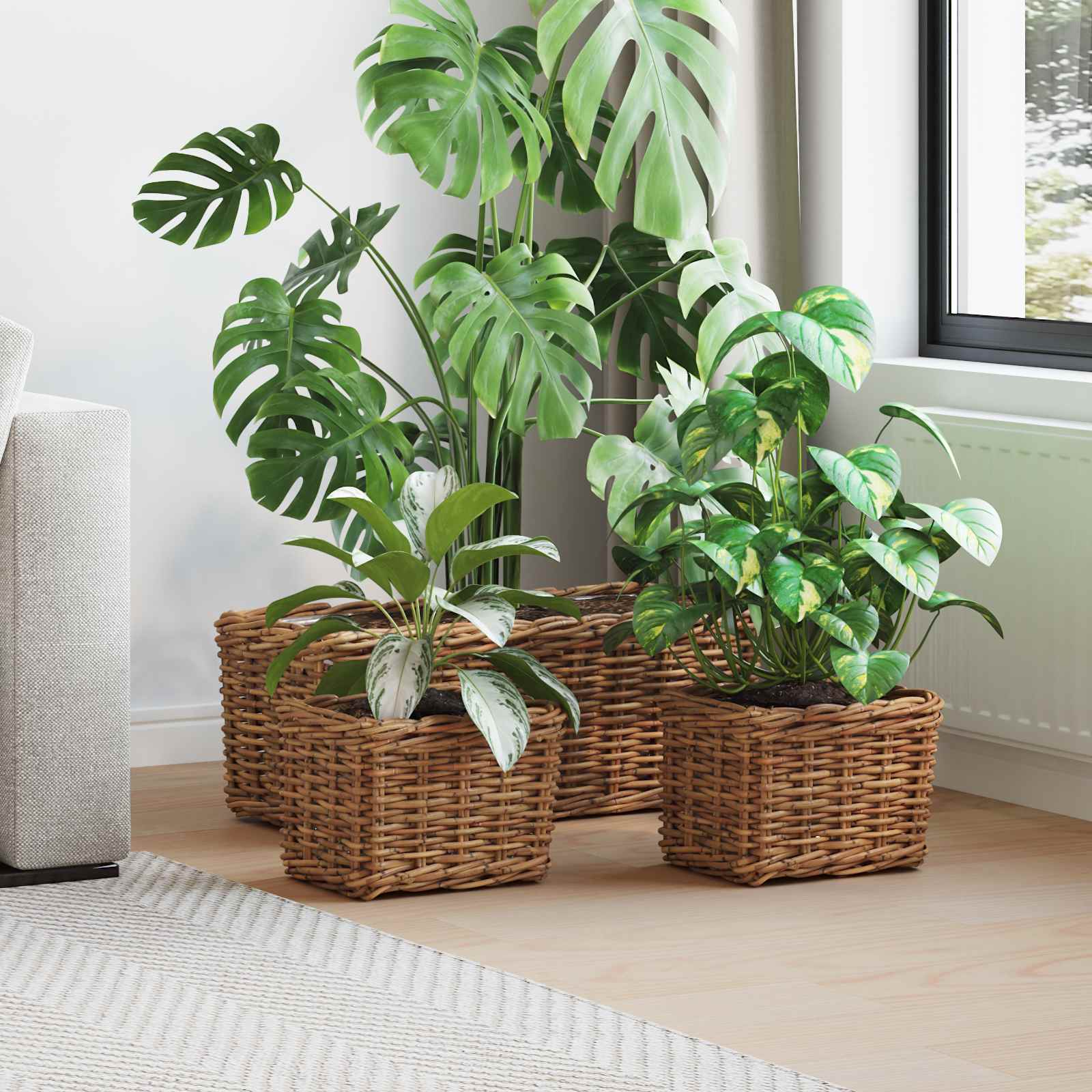 Cesta para Plantas con almacenamiento 3 pcs Marrón Ratán Kubu