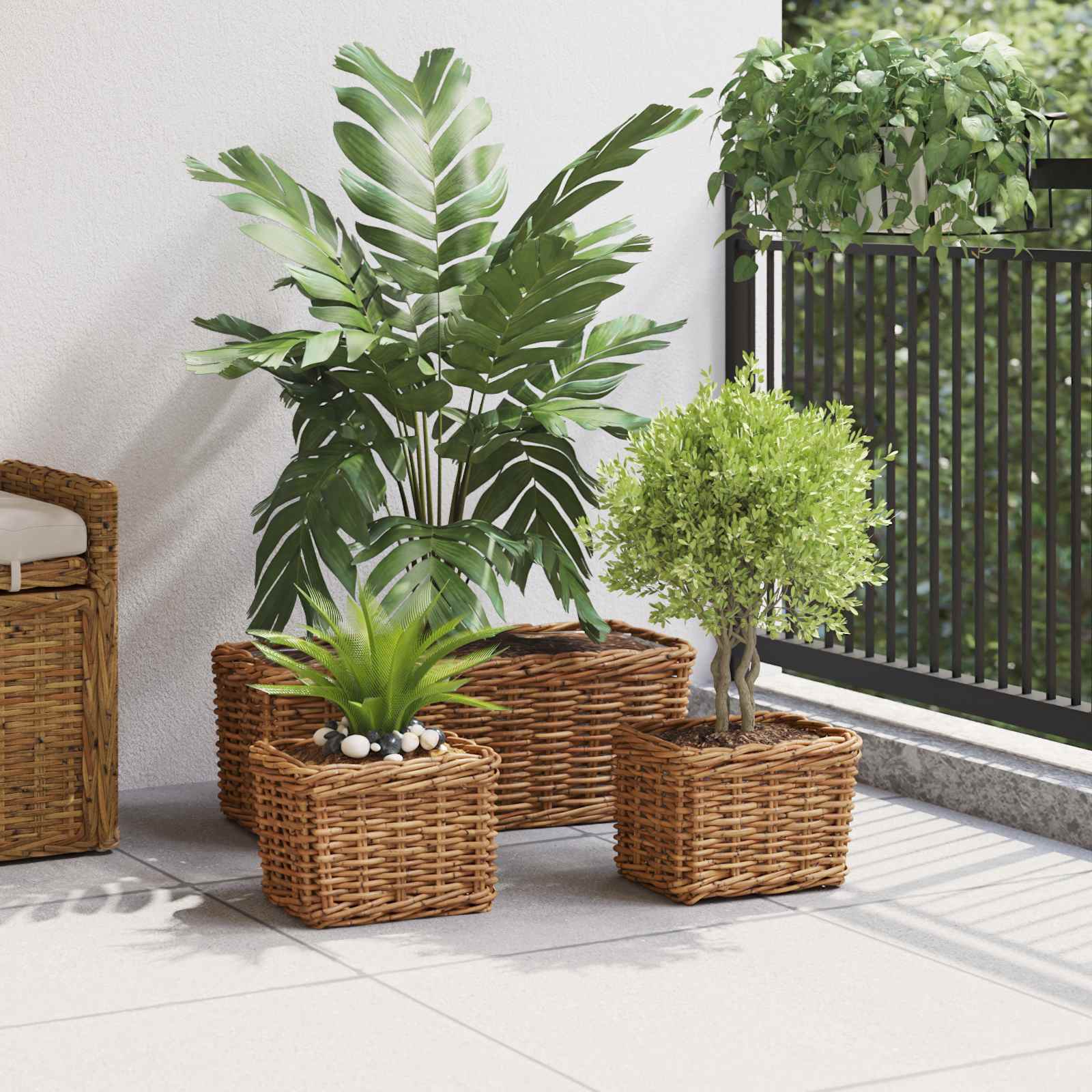 Cesta para Plantas con almacenamiento 3 pcs Marrón Ratán Kubu