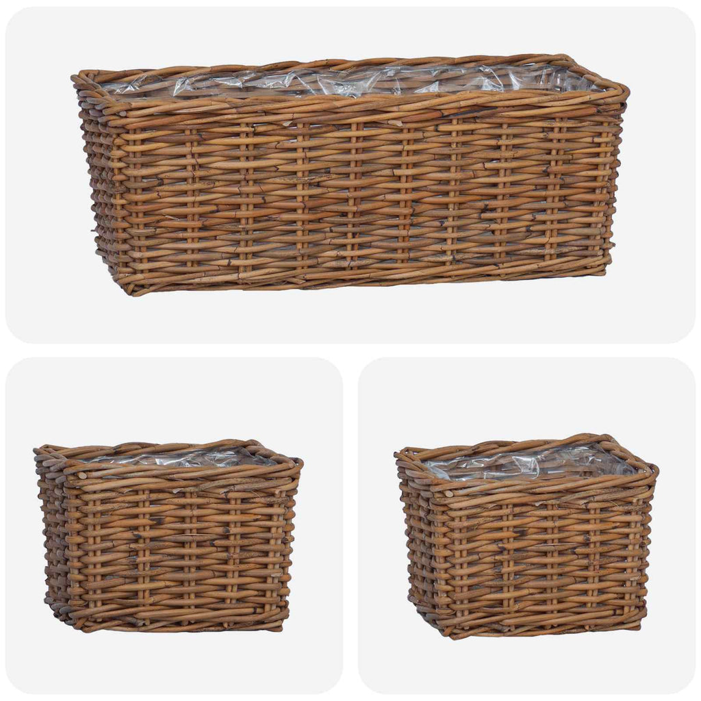 Cesta para Plantas con almacenamiento 3 pcs Marrón Ratán Kubu