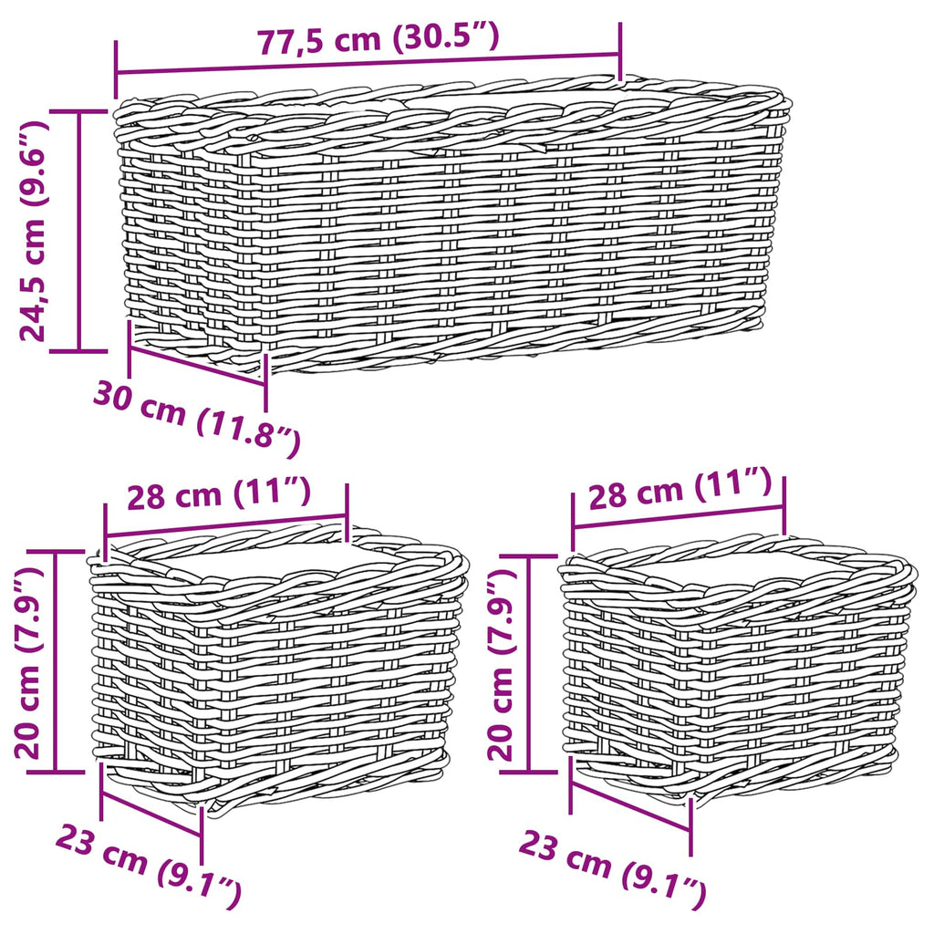 Cesta para Plantas con almacenamiento 3 pcs Marrón Ratán Kubu