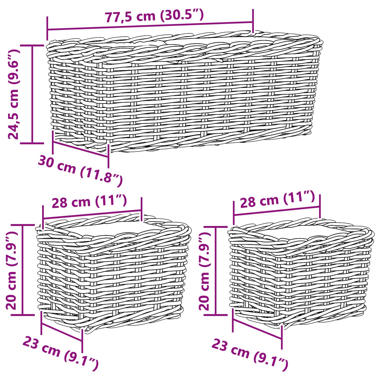 Cesta para Plantas con almacenamiento 3 pcs Marrón Ratán Kubu