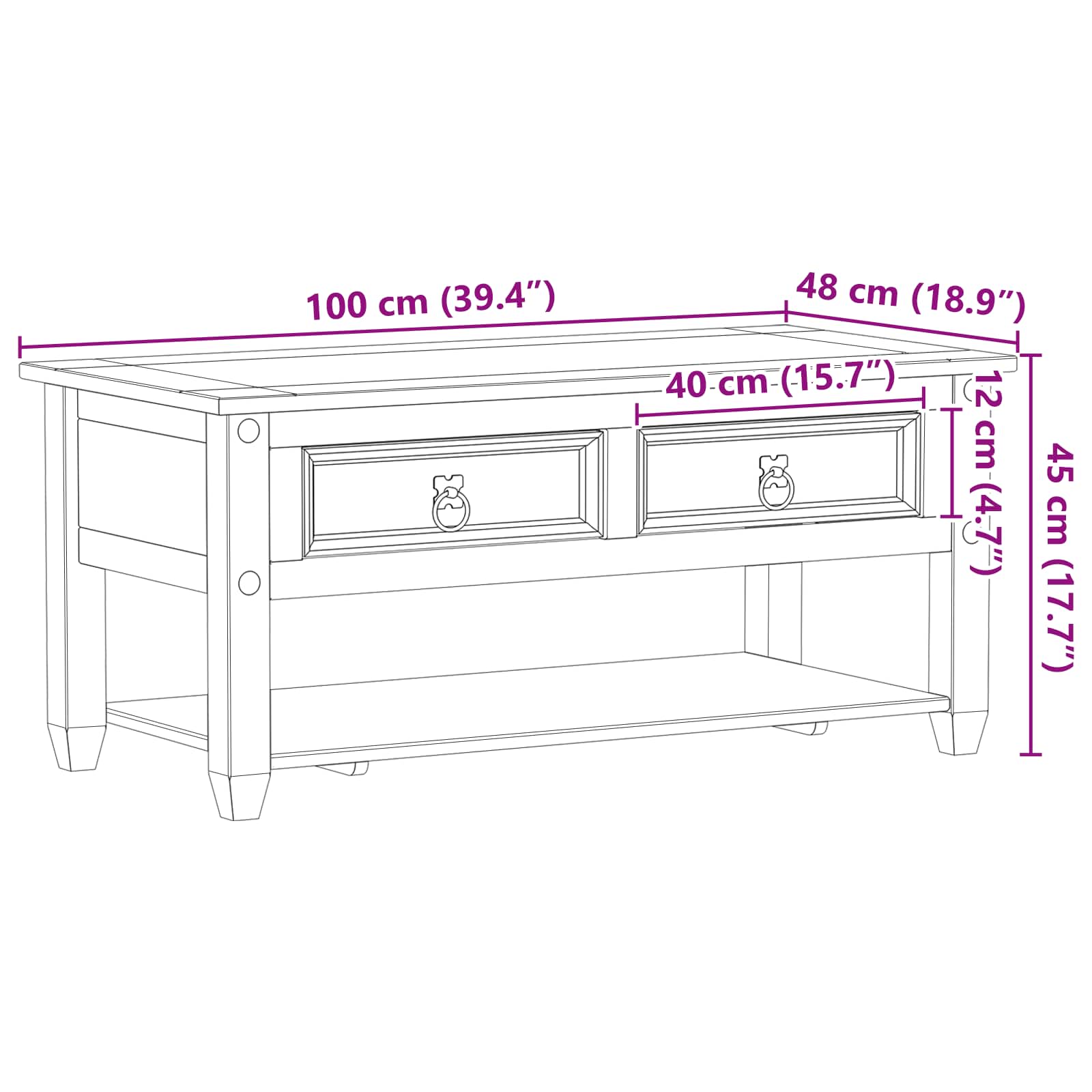 Mesa de Café con cajón 100 x 48 x 45 cm Madera de Pino Maciza