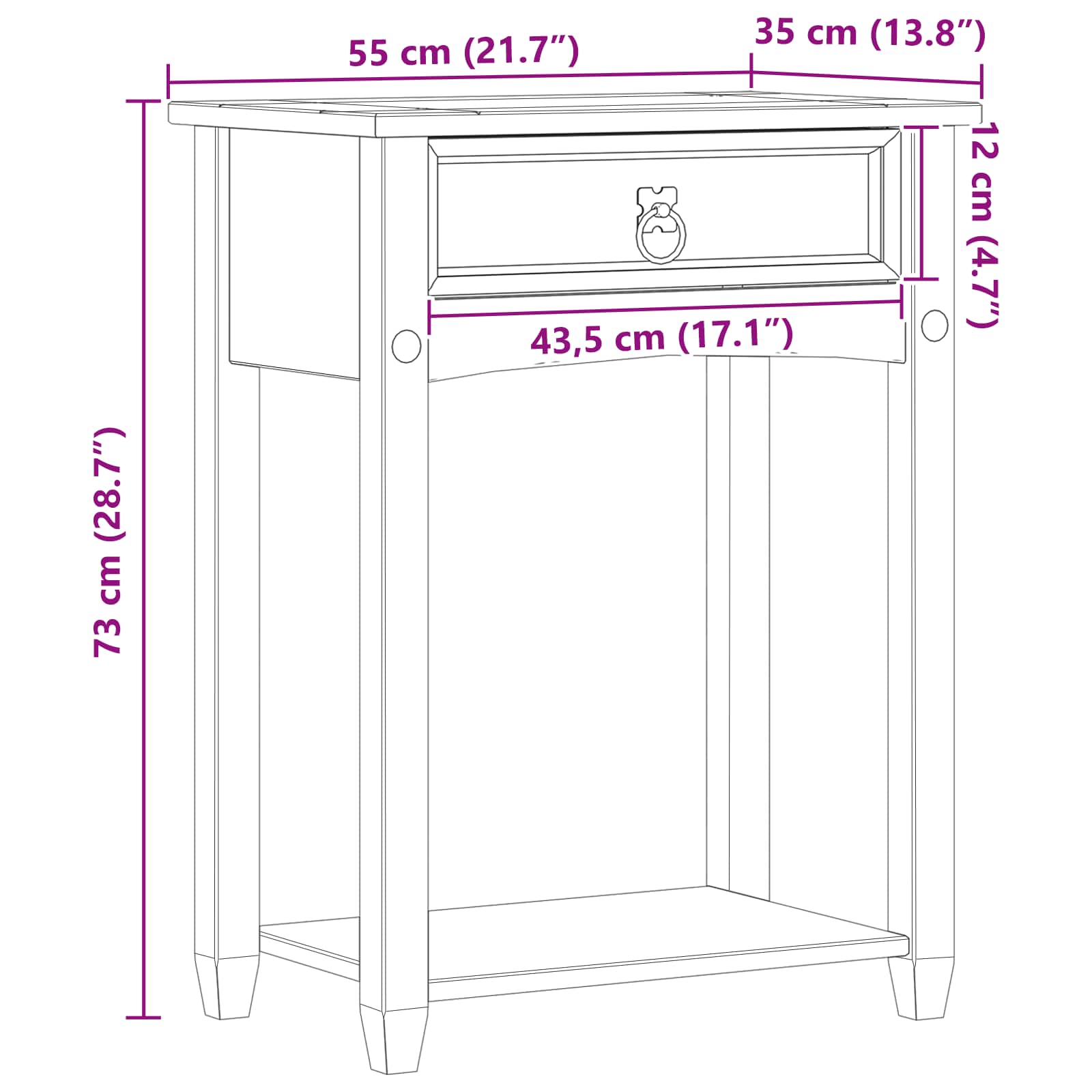Mesa consola con cajón 55 x 35 x 73 cm Madera de pino macizo